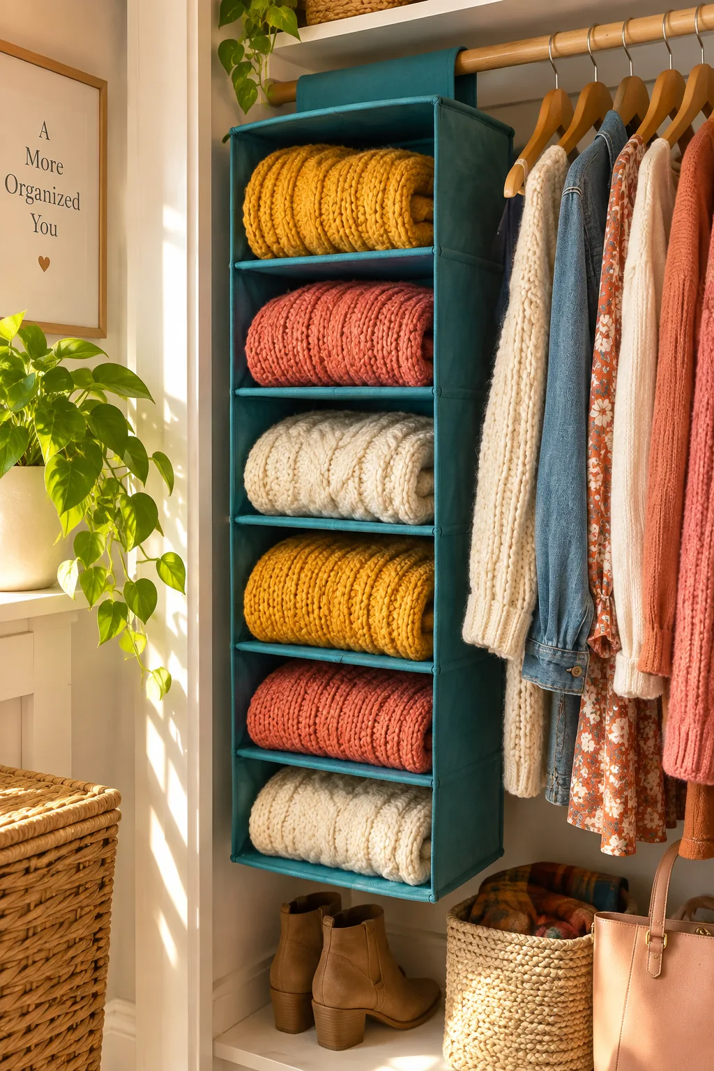 Canvas hanging organizer holding folded sweaters on a closet rod