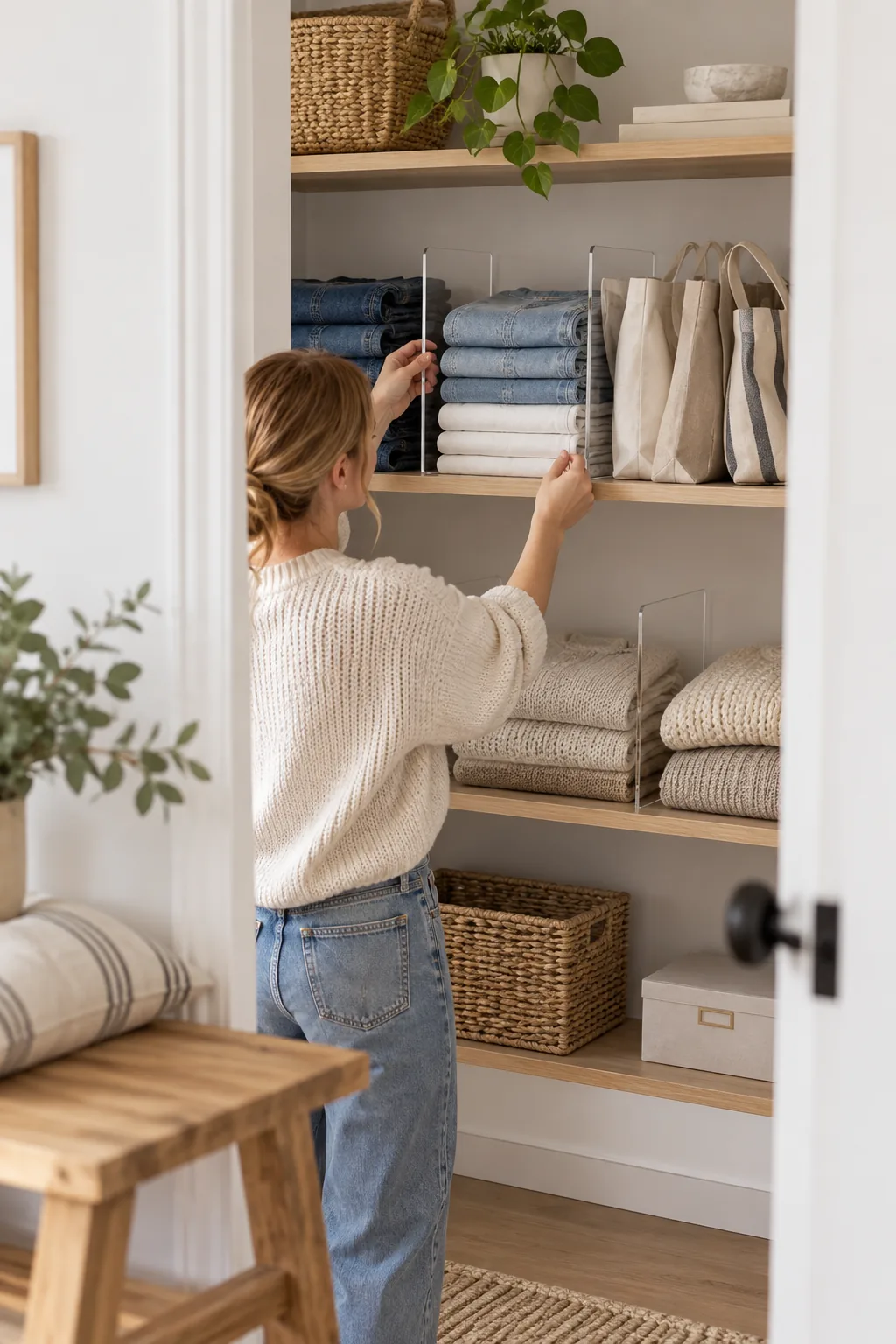 Clear acrylic shelf dividers separating folded jeans and sweaters