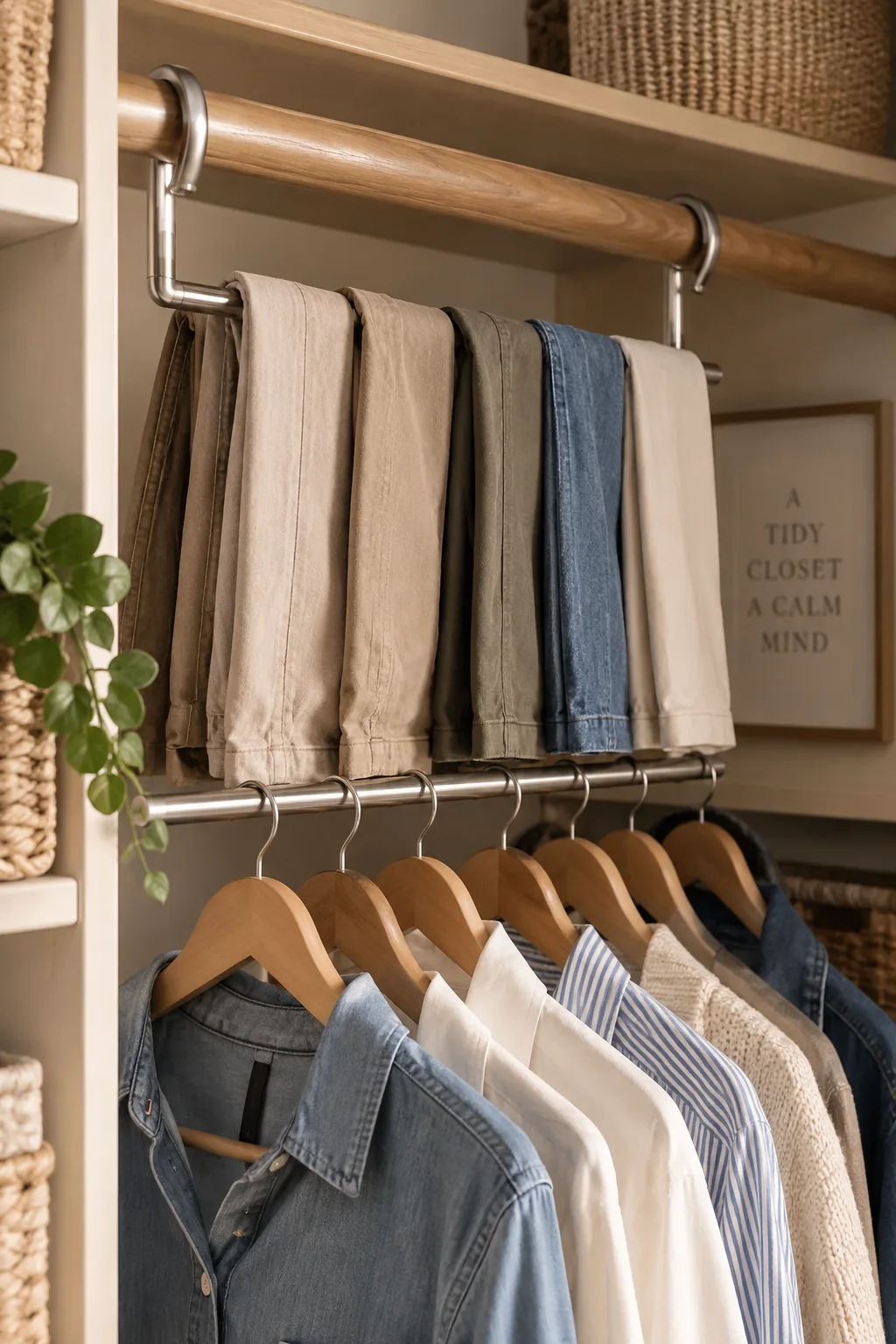 Closet with a double hanging rod system filled with shirts and pants