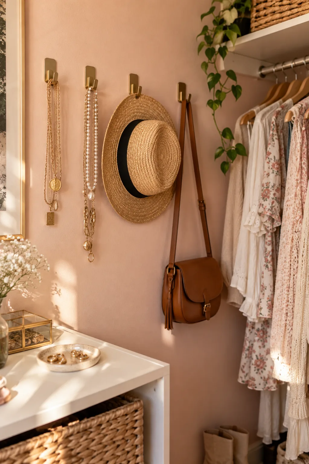 Adhesive wall hooks holding hats and necklaces on a closet wall