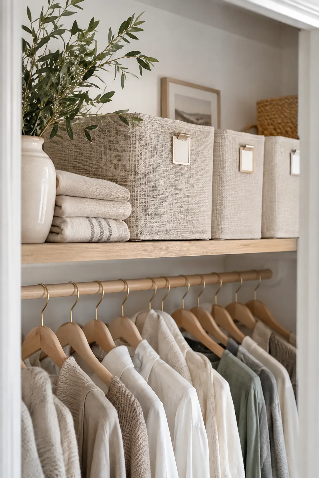 Matching fabric storage bins lined up on a top closet shelf