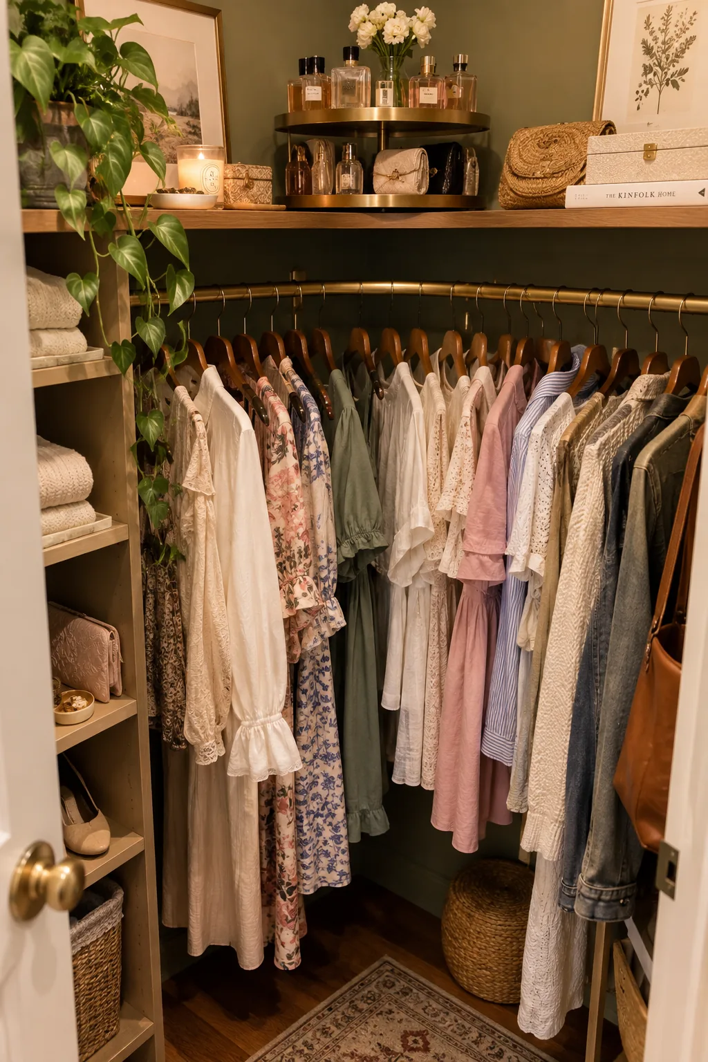 Curved corner rod and a rotating organizer on the shelf in a closet corner
