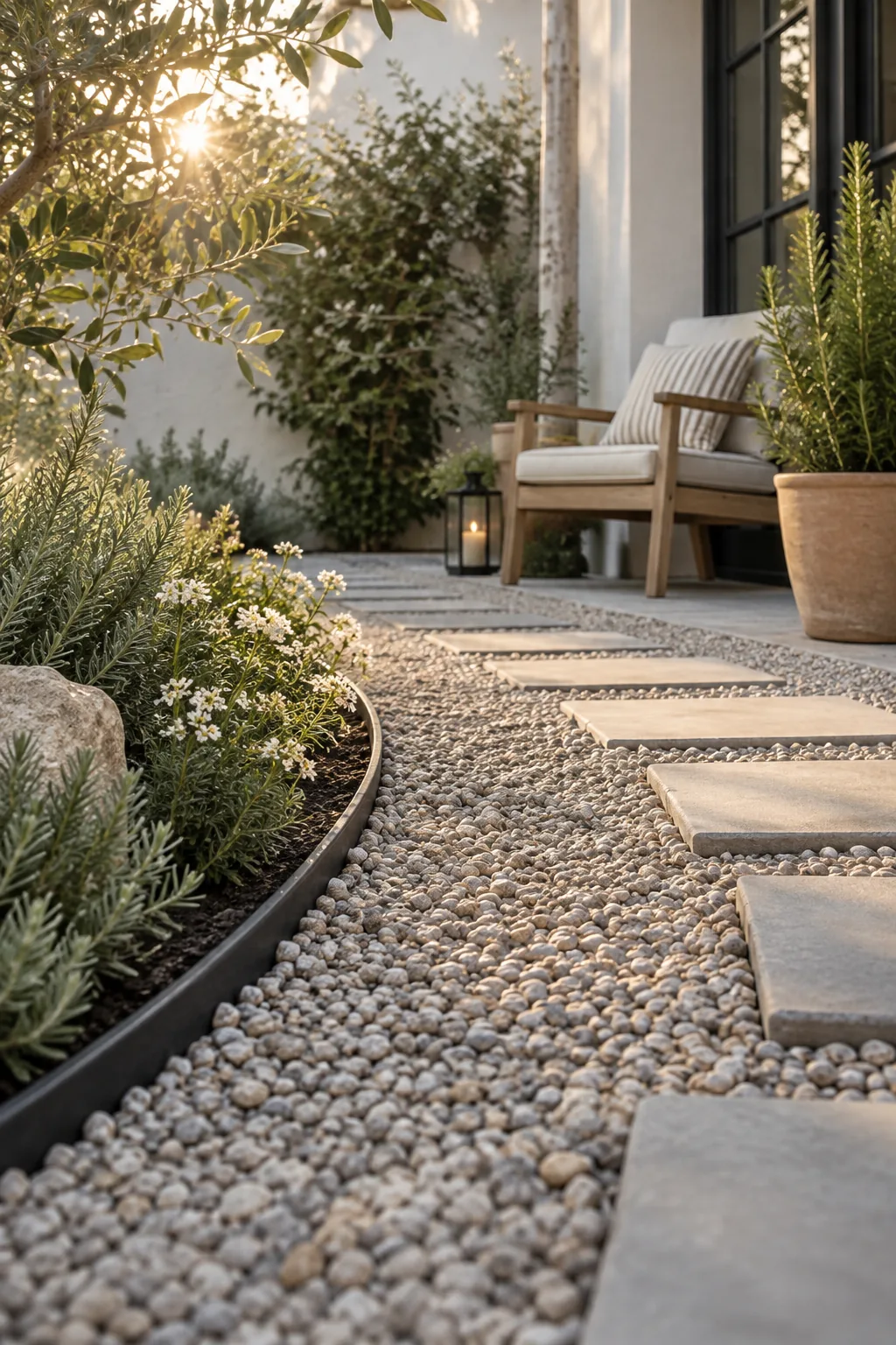 Thick layer of pea gravel over a small courtyard floor with a couple of potted plants