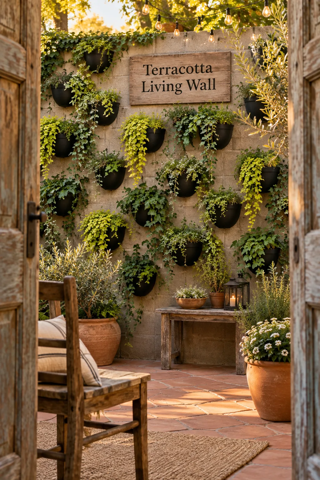 Terracotta pots screwed into a cinderblock wall filled with trailing green plants