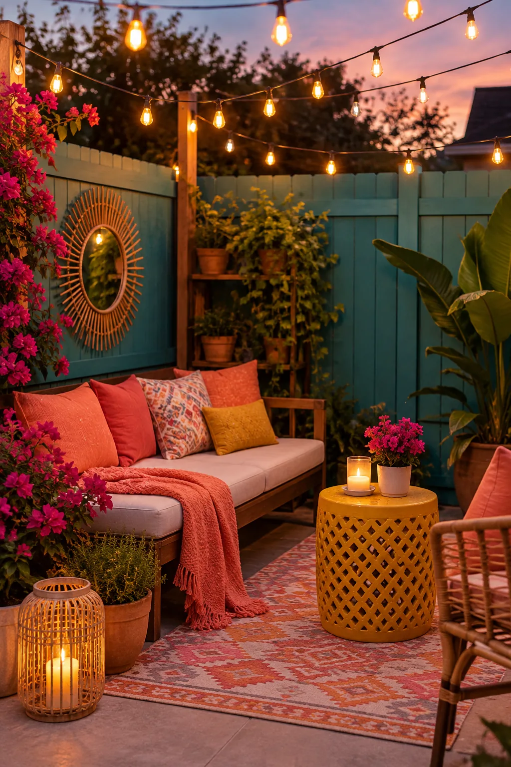 String lights hung in a zigzag pattern over a small outdoor courtyard