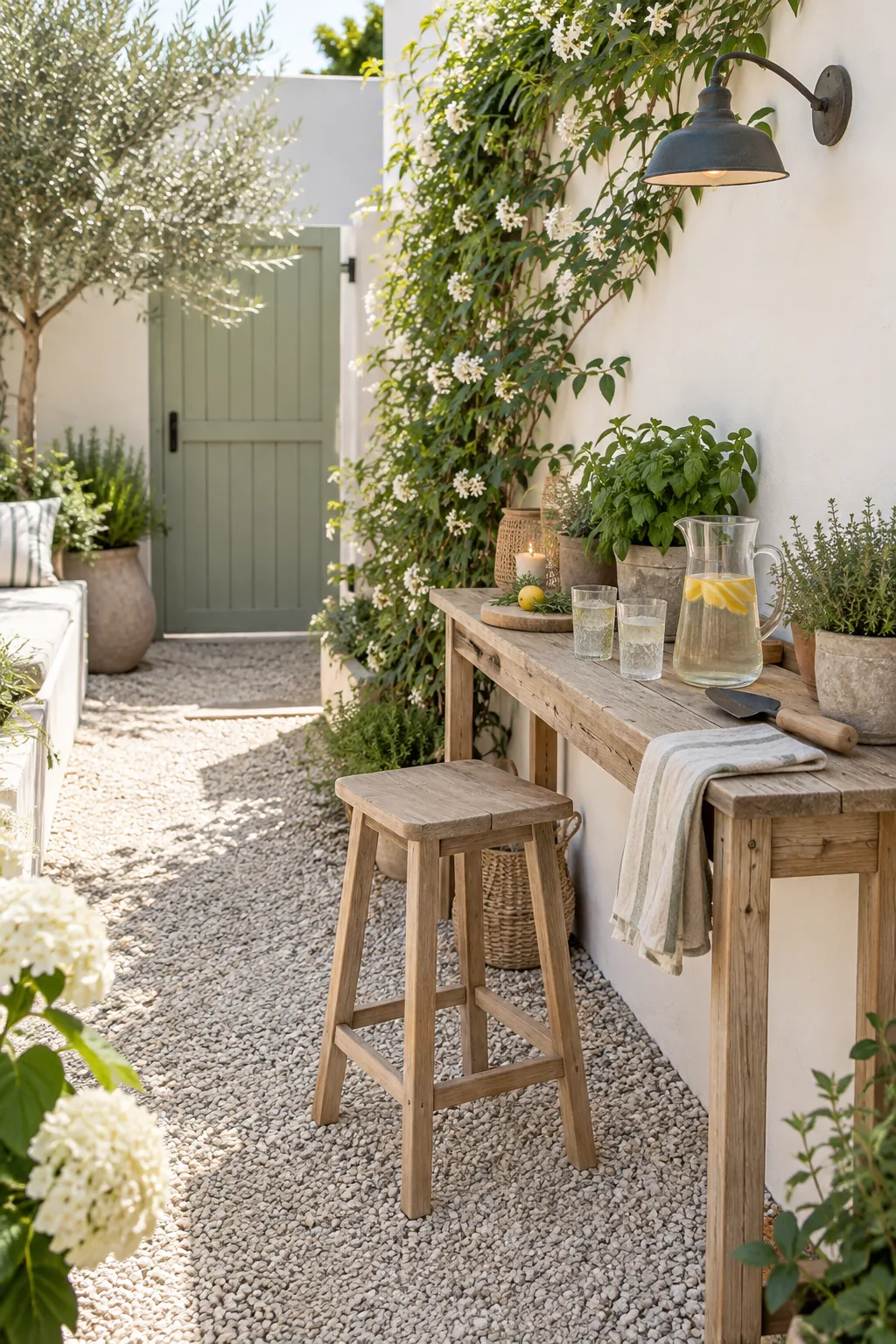 DIY narrow wooden console table used as an outdoor bar against a fence