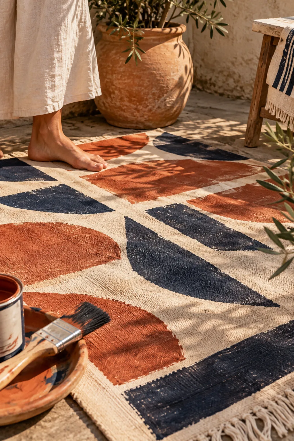 Painted canvas drop cloth used as an outdoor rug with geometric patterns