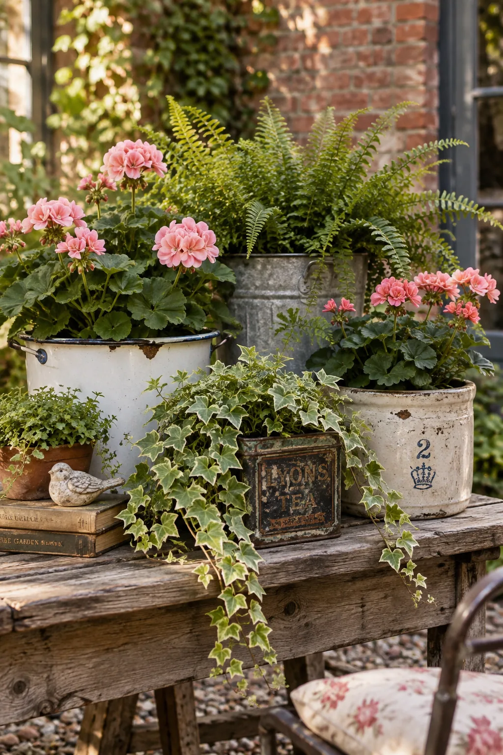 A cluster of galvanized buckets and terracotta pots filled with plants in a corner