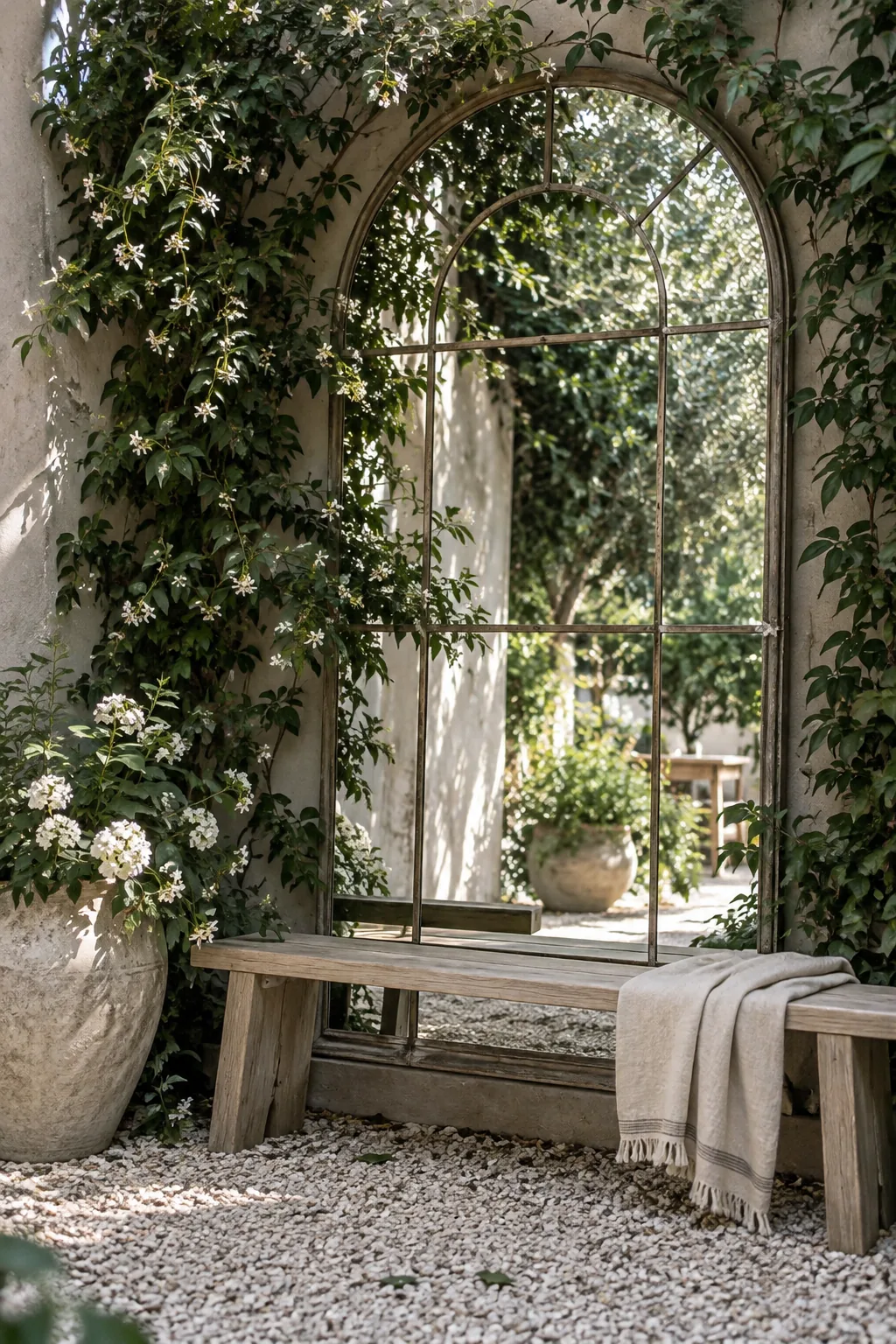 Large vintage mirror leaning against a courtyard wall surrounded by climbing vines