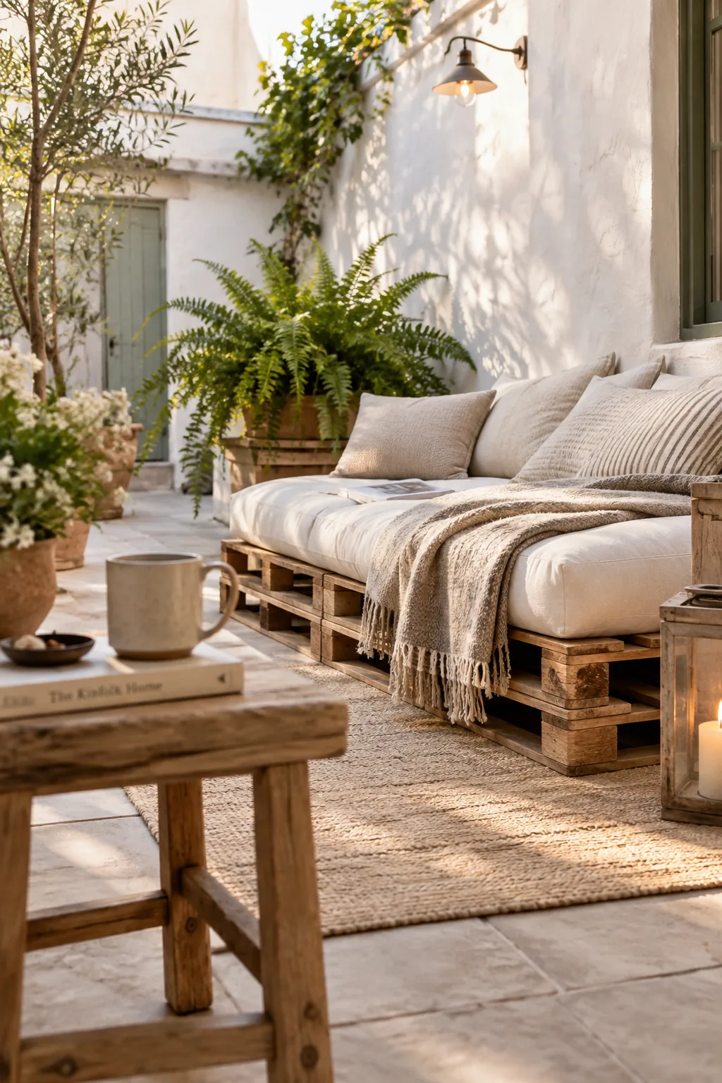 Two stacked wooden pallets topped with a cushion to create an outdoor daybed