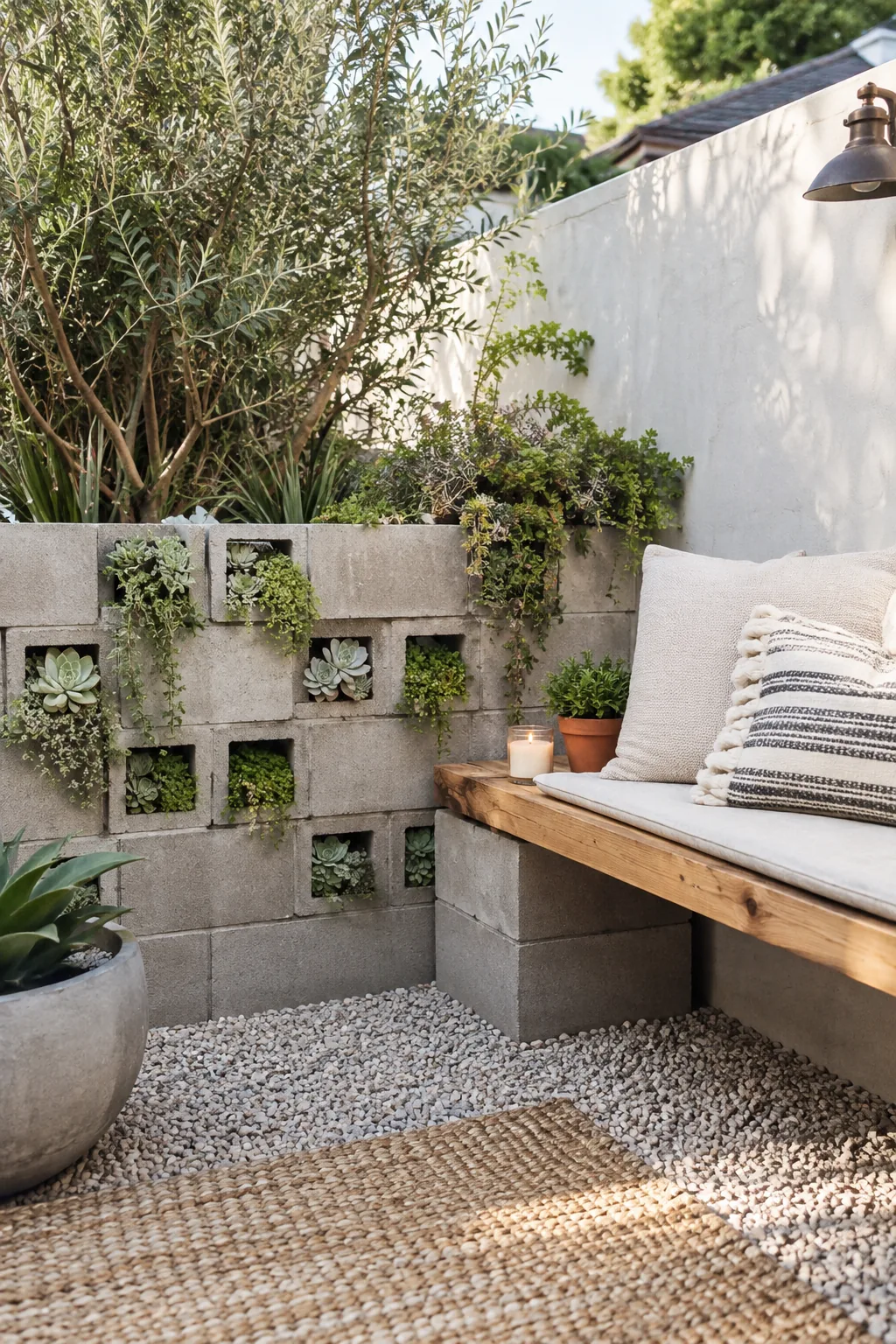 Concrete cinder blocks stacked into a low wall with succulents planted in the holes