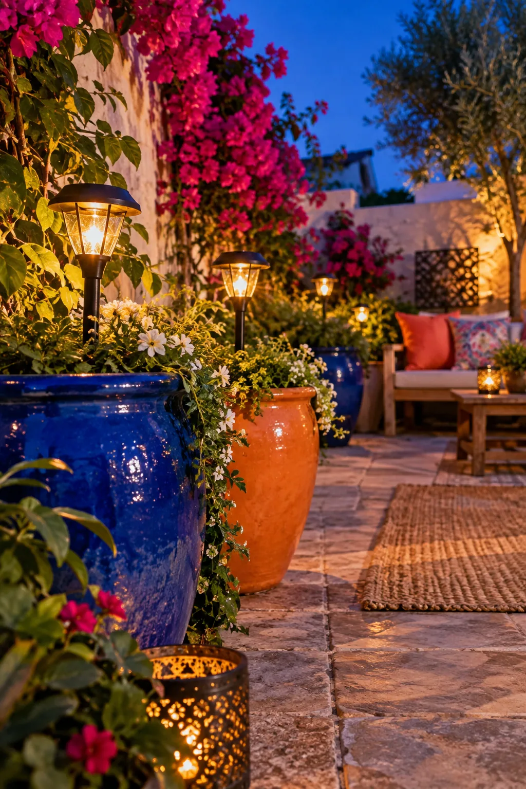 Solar pathway lights stuck directly into large potted plants on a patio