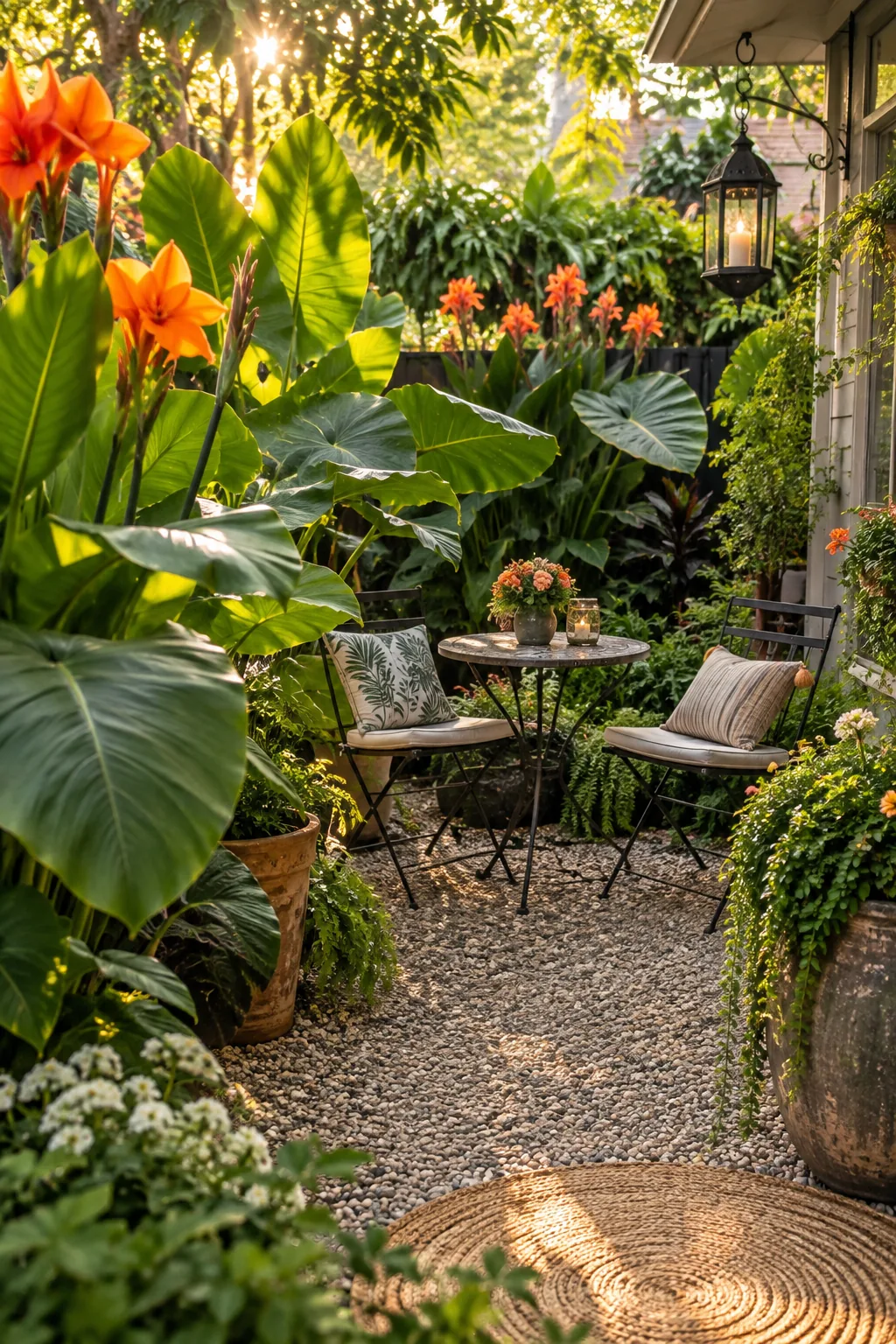 Massive canna lily and elephant ear leaves hiding a wooden courtyard fence