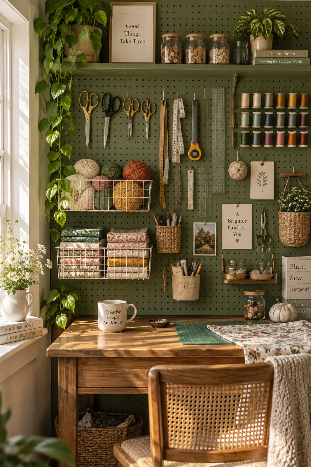 White floor-to-ceiling pegboard holding scissors, tape, and wire baskets of yarn