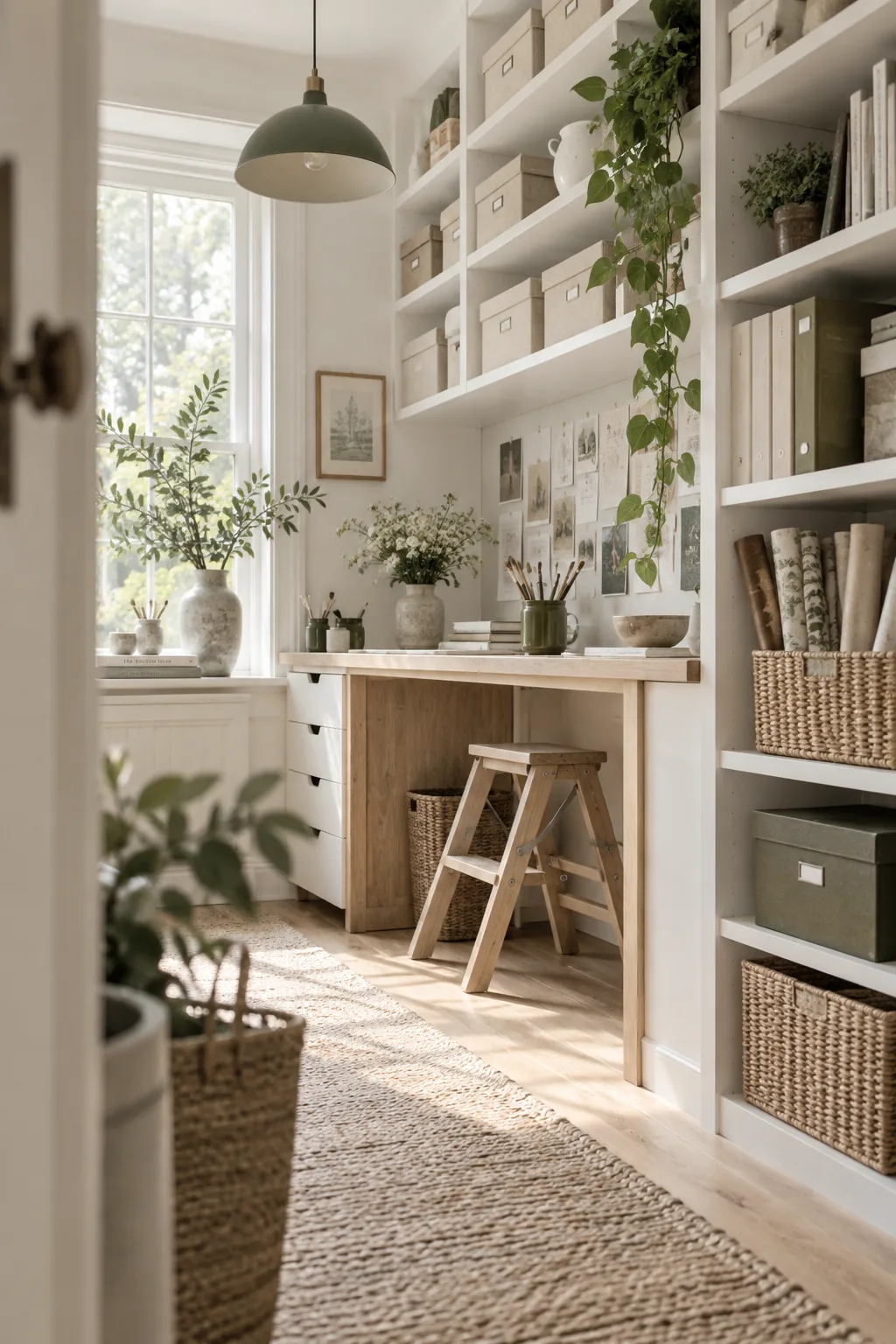 Tall white bookshelves reaching the ceiling filled with craft materials