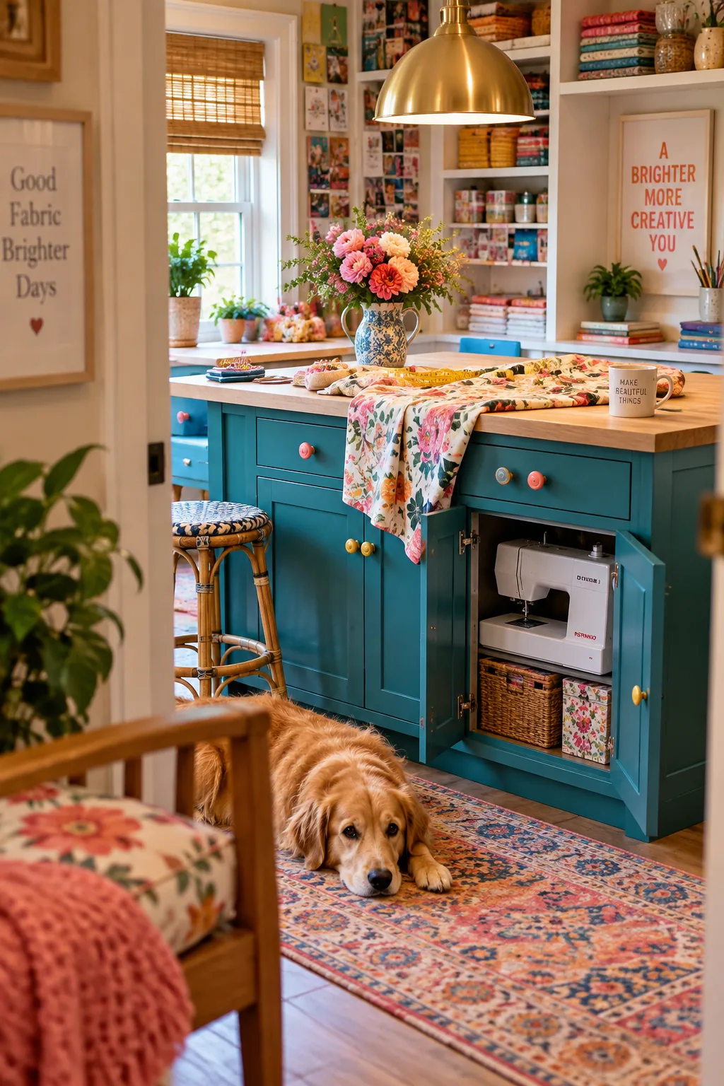 Kitchen island used as a craft table with fabric laid out on top