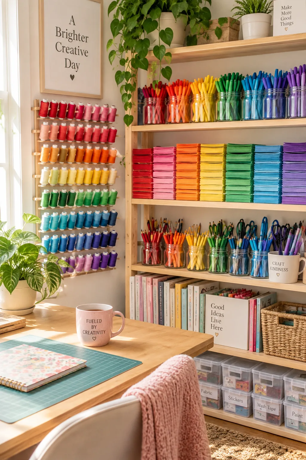 Craft supplies like thread and markers arranged in a rainbow color gradient on a shelf