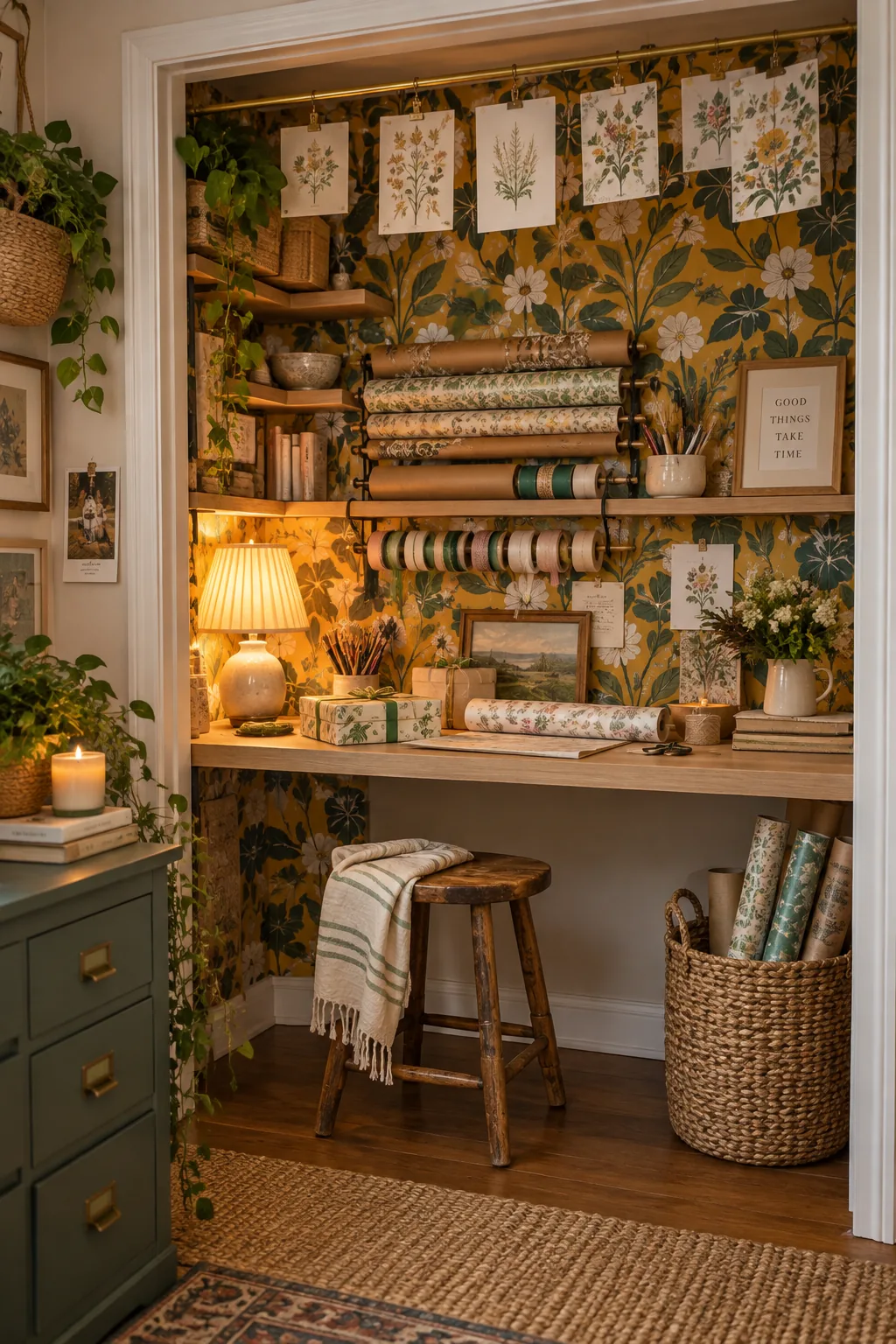 Open closet converted into a wrapping station with bright wallpaper and shallow shelves
