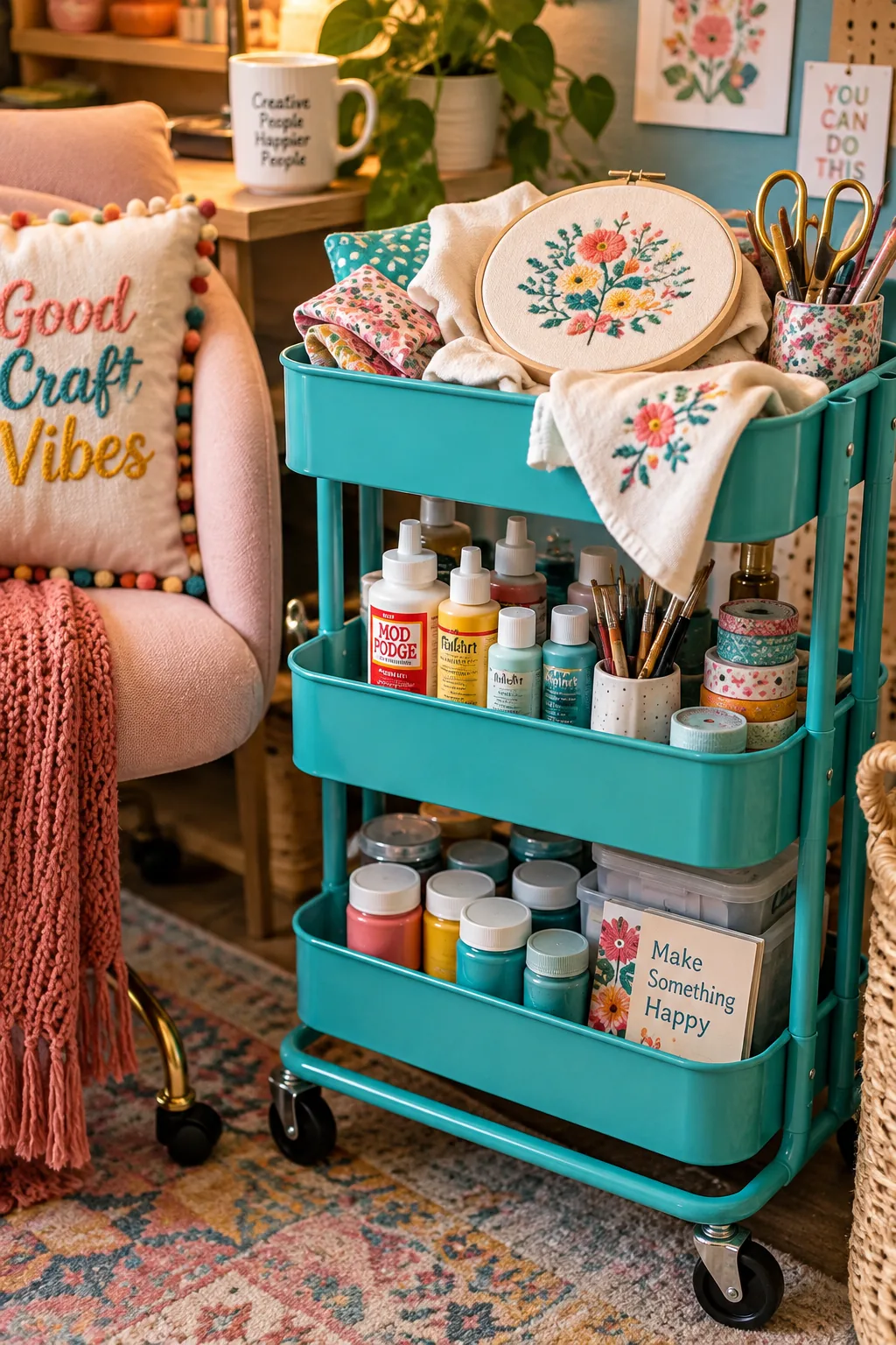 Three-tier rolling utility cart filled with paint jars and brushes next to a desk