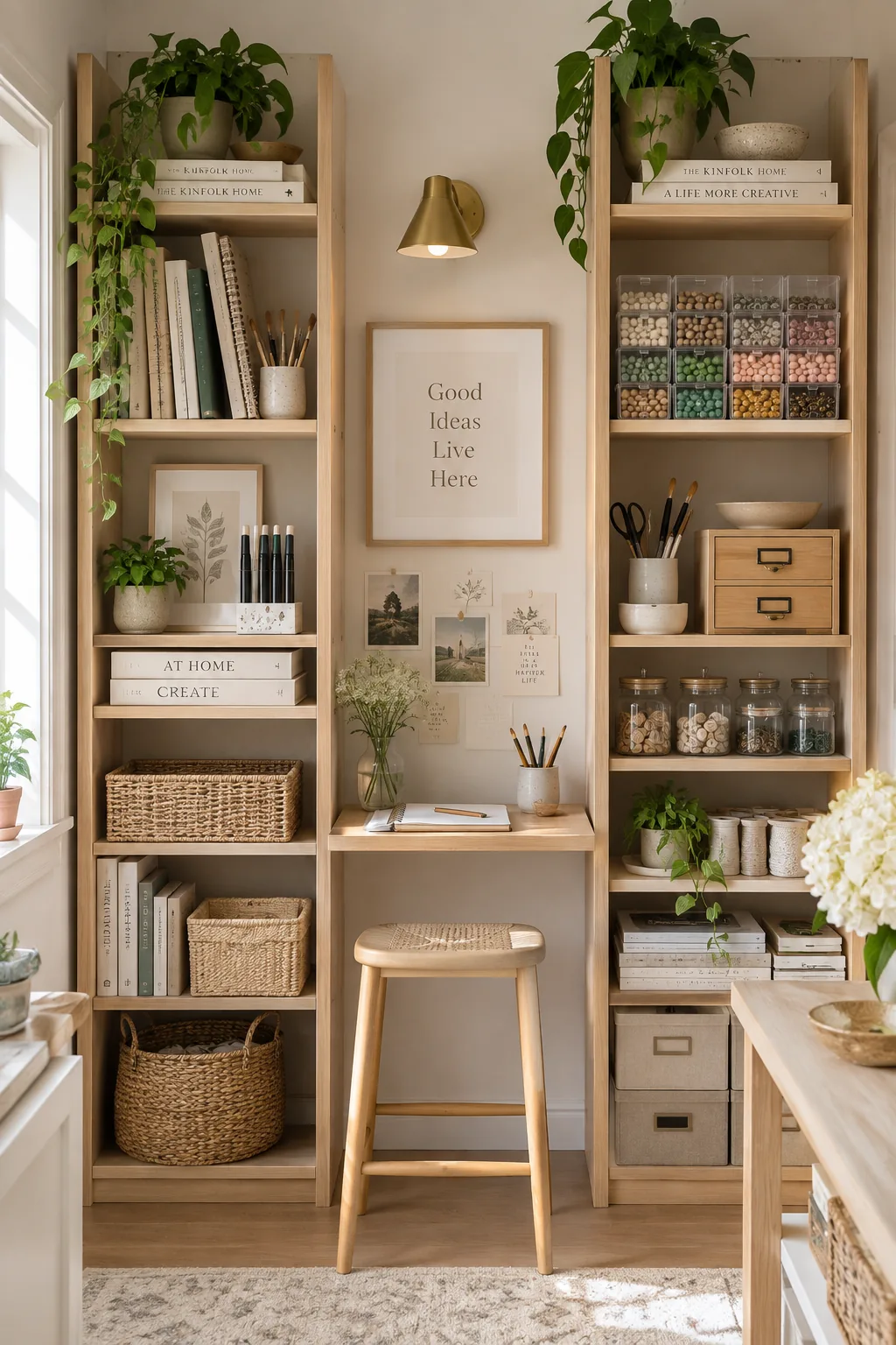 Two narrow bookcases side-by-side holding sketchbooks and craft organizers