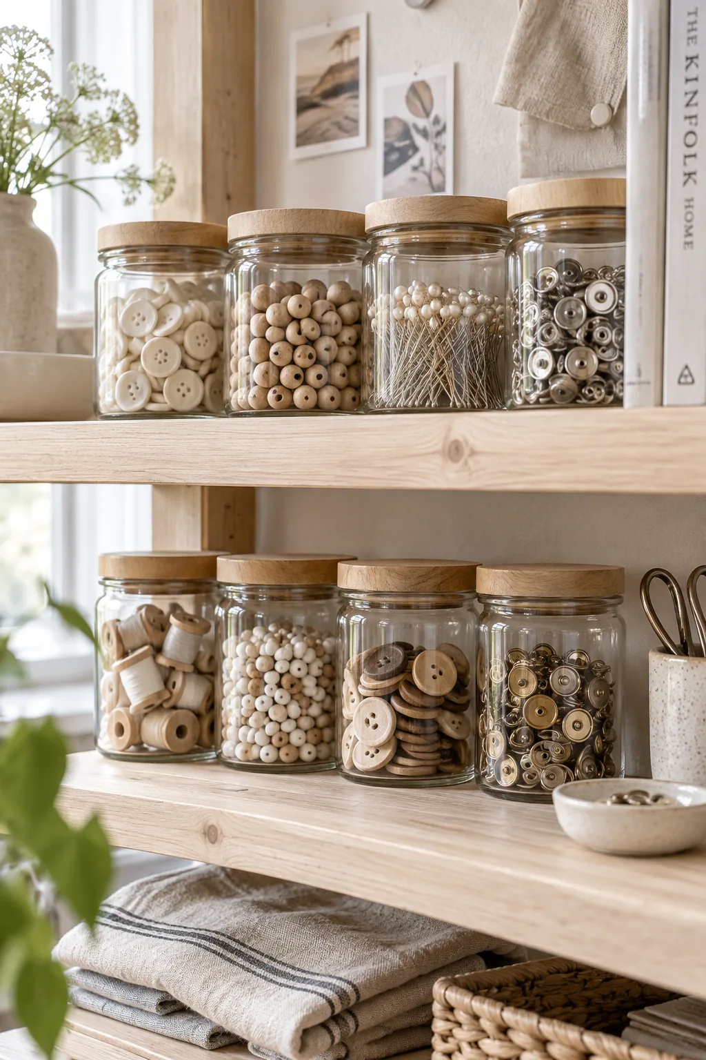 Matching glass jars filled with buttons and pins on a wooden shelf