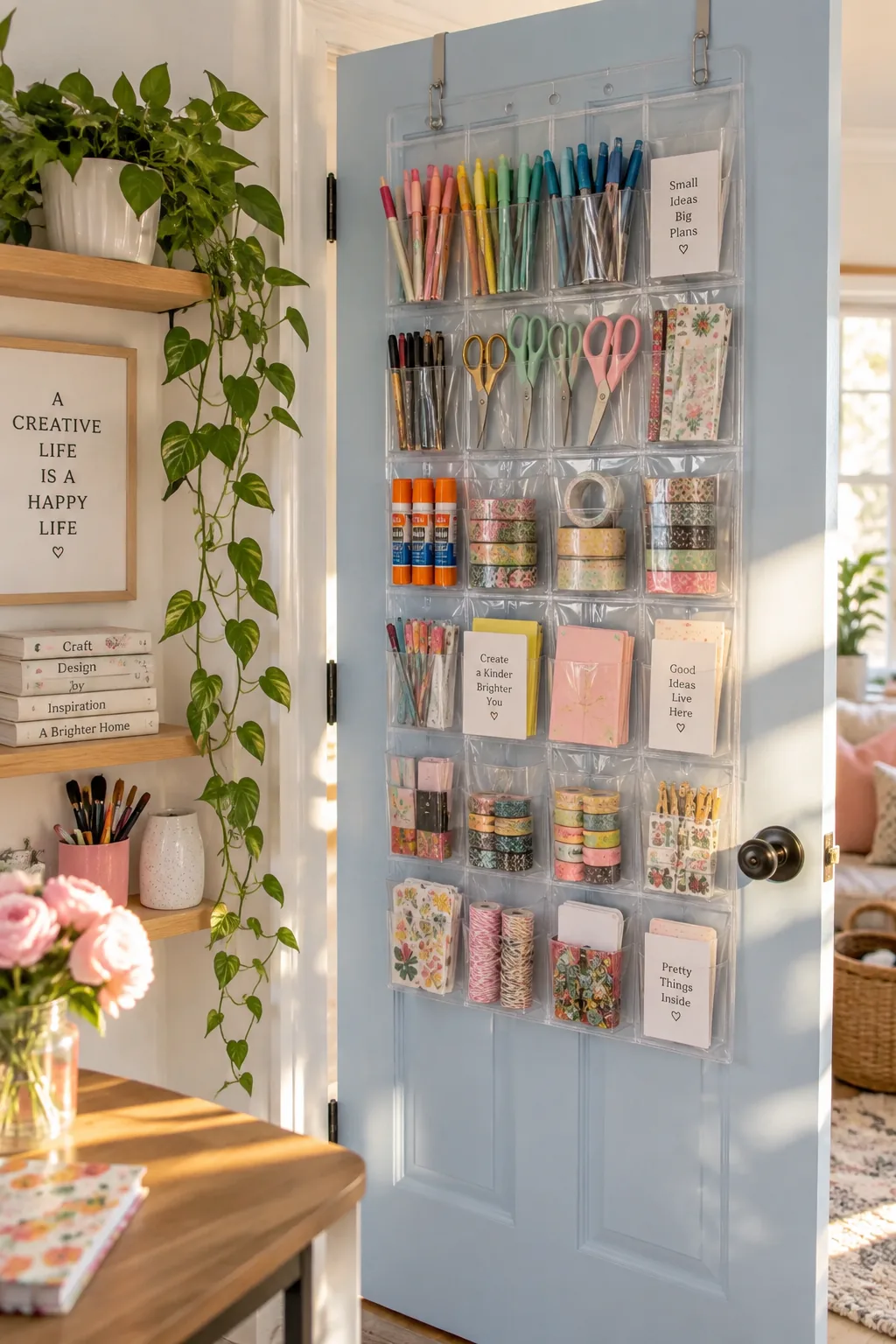 Clear pocket shoe organizer hanging on a door filled with markers and scissors