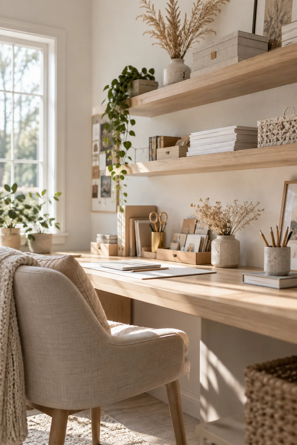 Shallow wooden shelves mounted above a desk holding neatly stacked craft paper