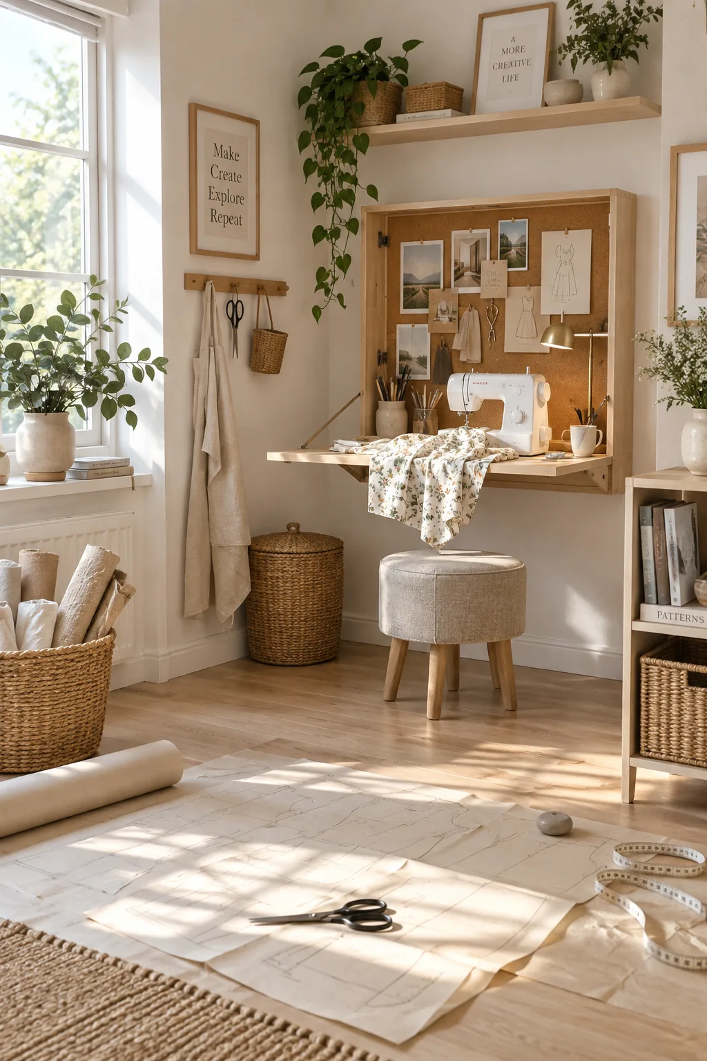 Fold-down desk attached to a wall with a corkboard inside the frame