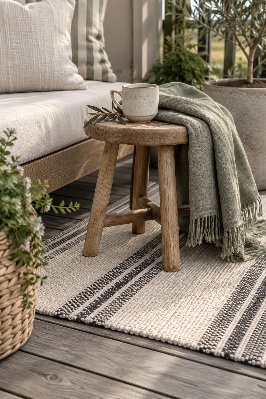 A small wooden deck covered with a black and white geometric outdoor rug.