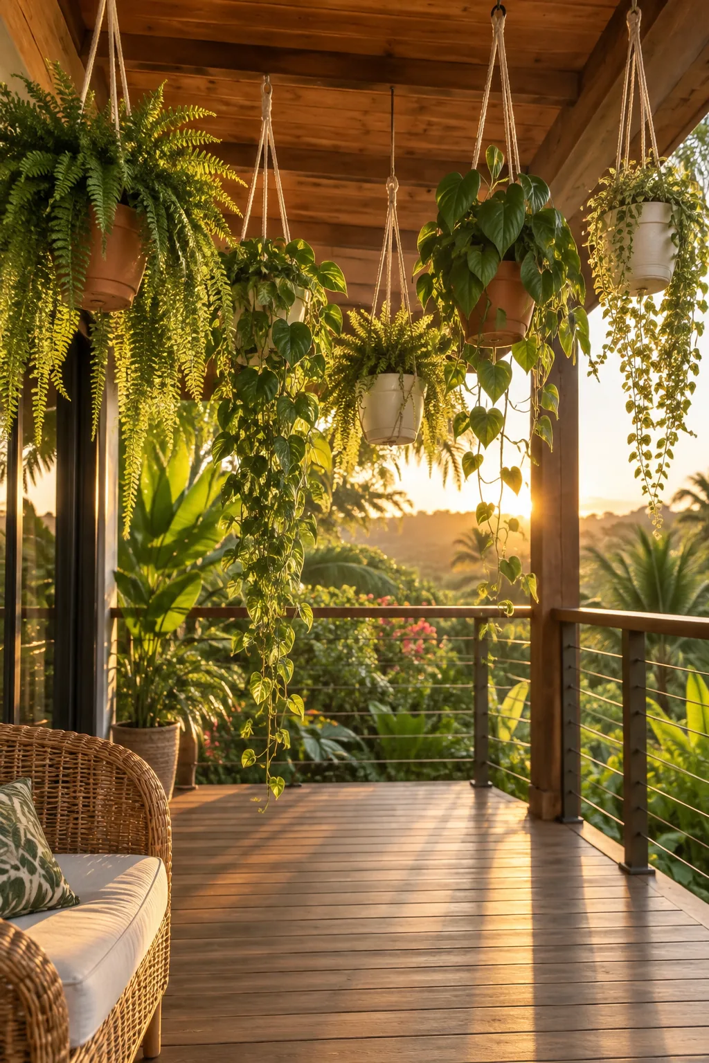 Lush green ferns hanging in woven baskets from a patio roof overhang.
