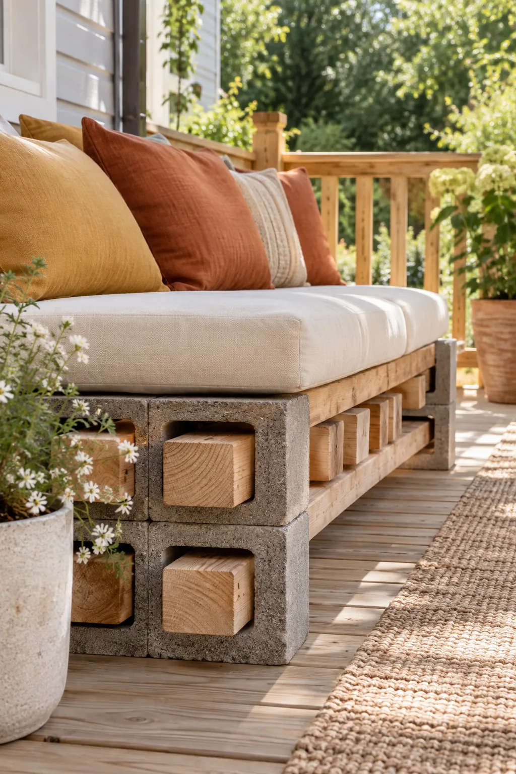 A DIY outdoor bench made from concrete cinder blocks and wooden posts topped with a white cushion.