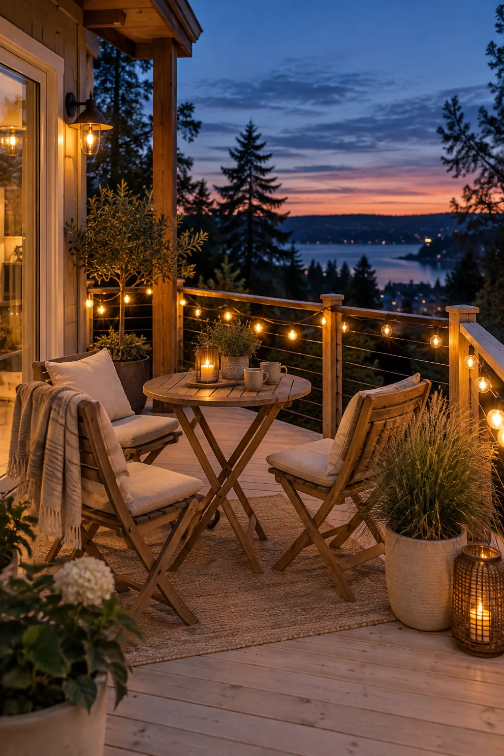 Warm string lights glowing above a small wooden patio at dusk.