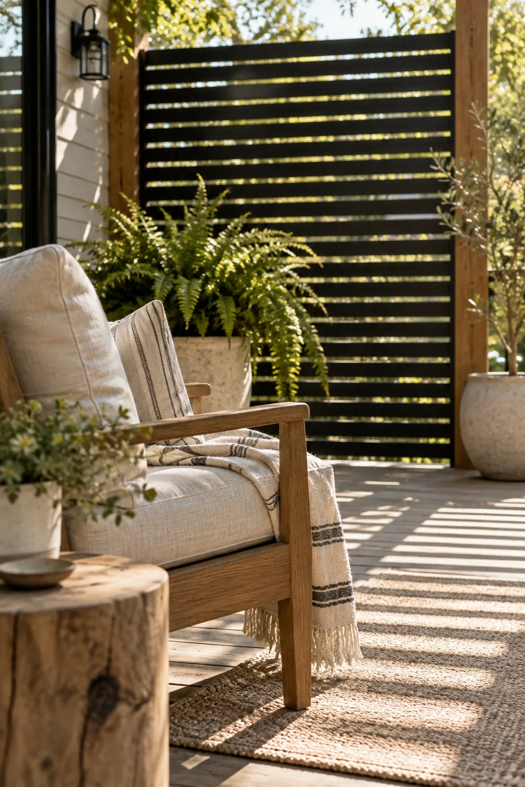 A modern black slatted wood privacy wall built onto a small deck.