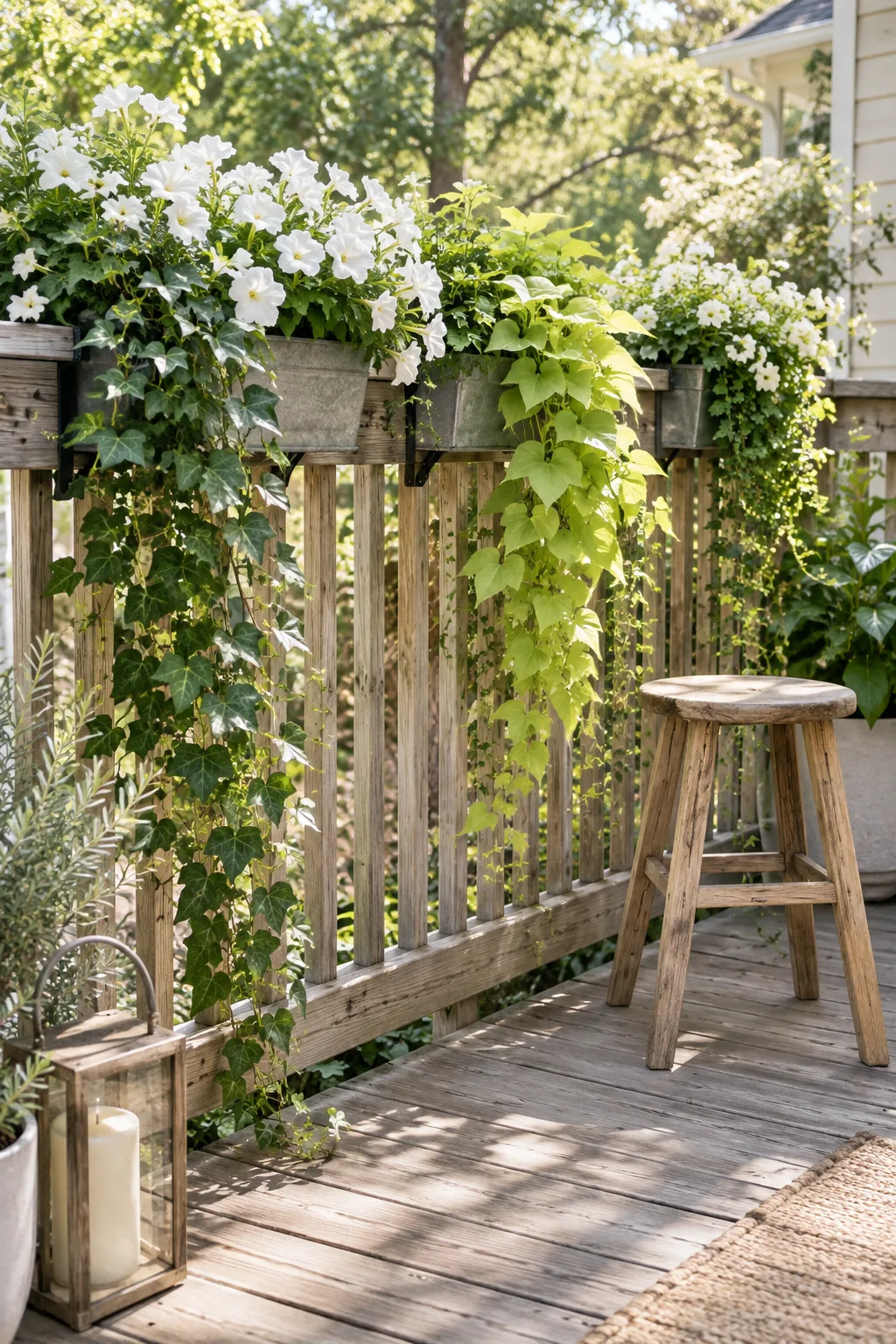 Metal planter boxes filled with pink flowers hanging over a wooden deck railing.