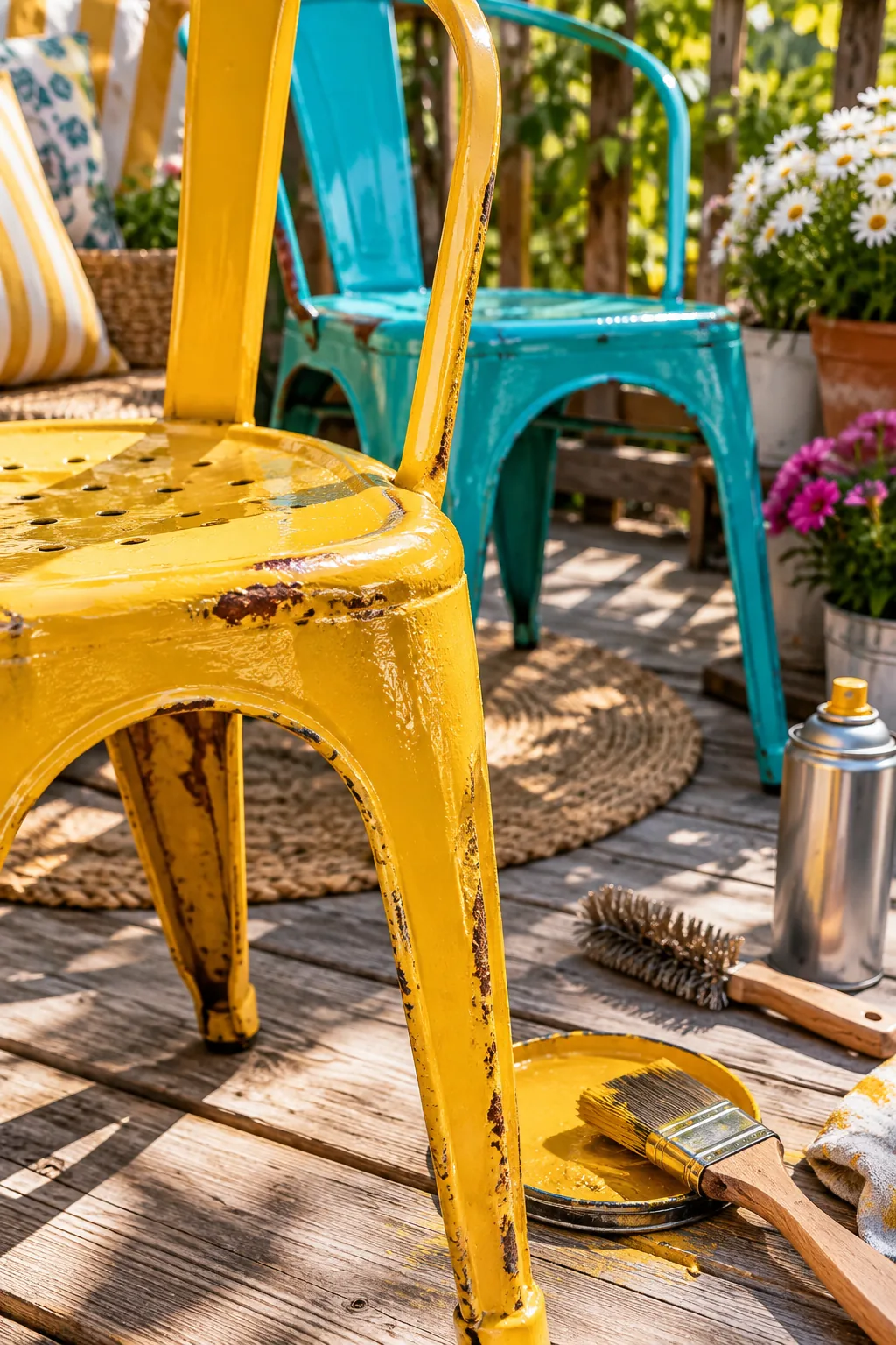 Bright teal painted metal patio chairs sitting on a small wooden deck.