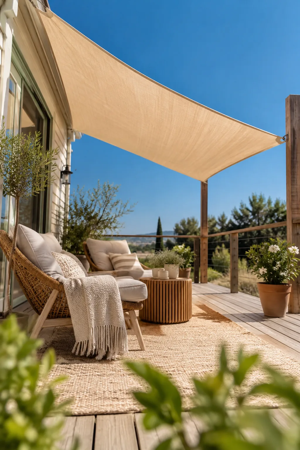 A beige triangular shade sail stretched over a sunny outdoor seating area.