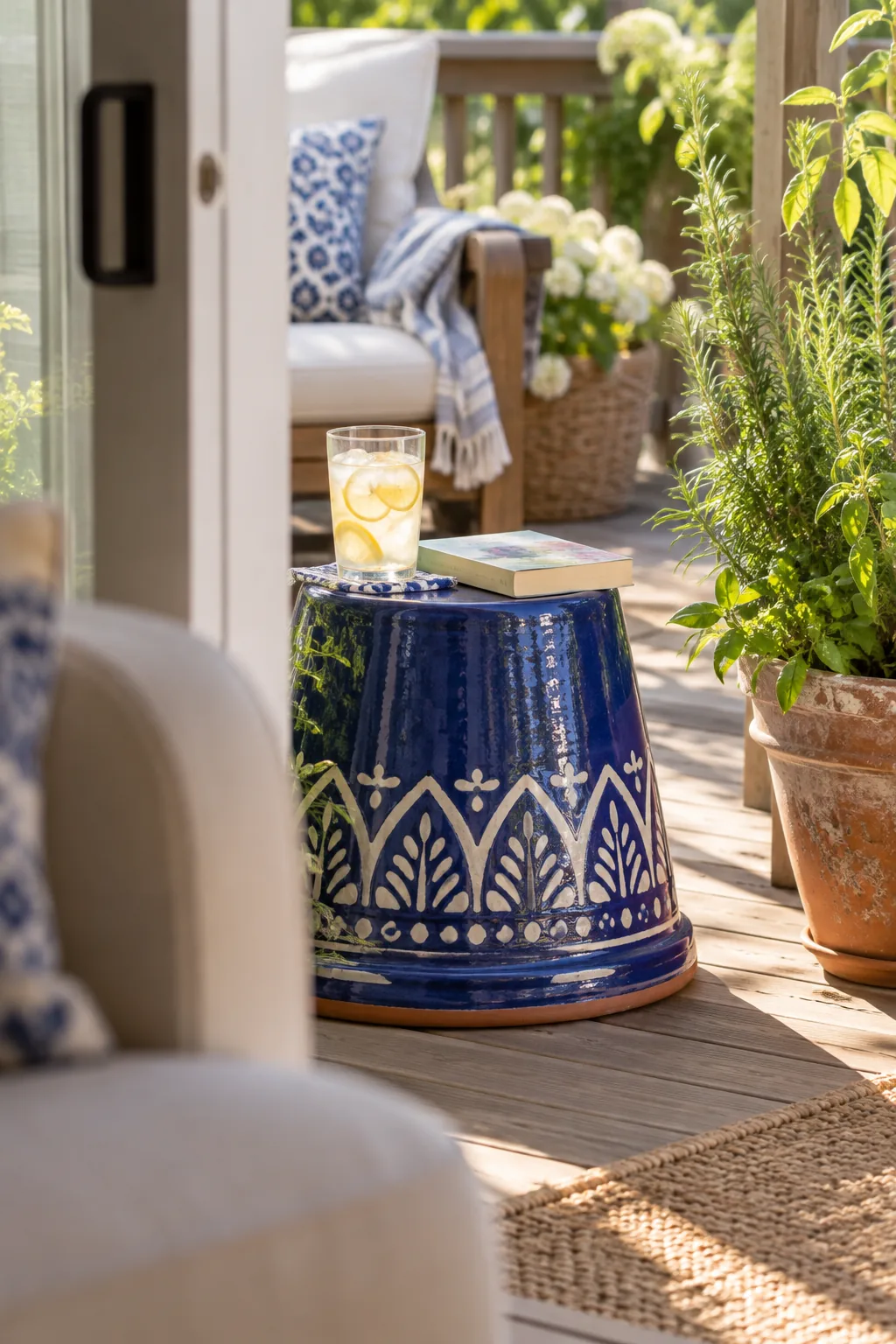 An upside-down blue ceramic planter used as a small side table holding a glass of lemonade.