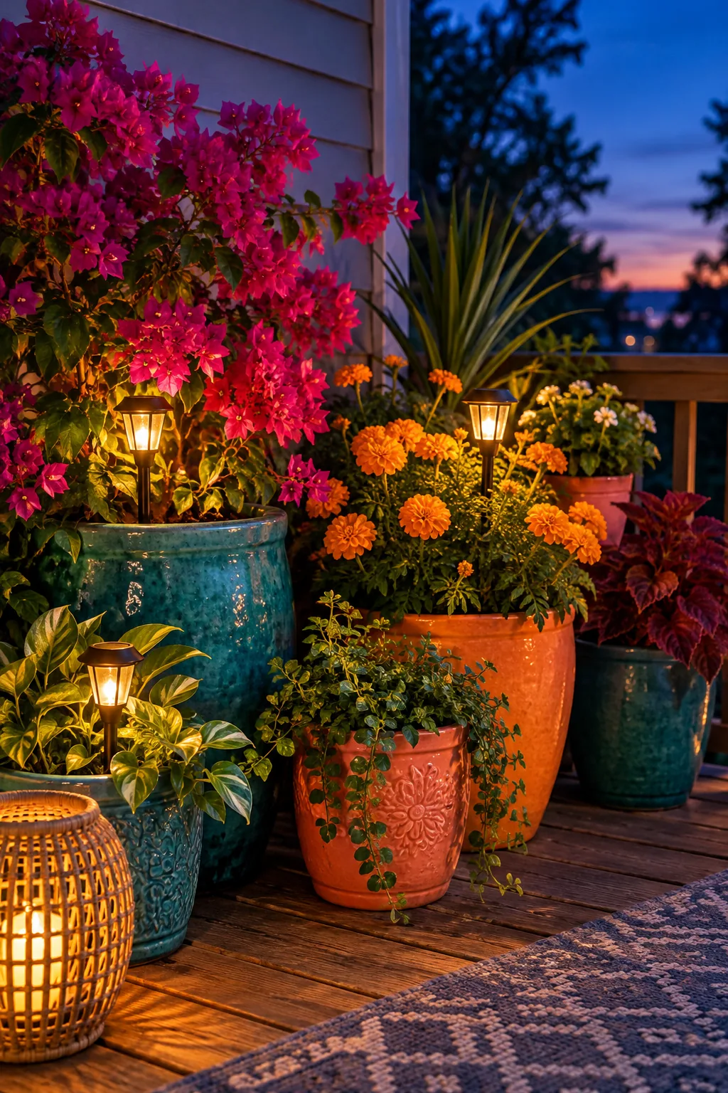 Small solar stake lights glowing inside large outdoor plant pots at night.