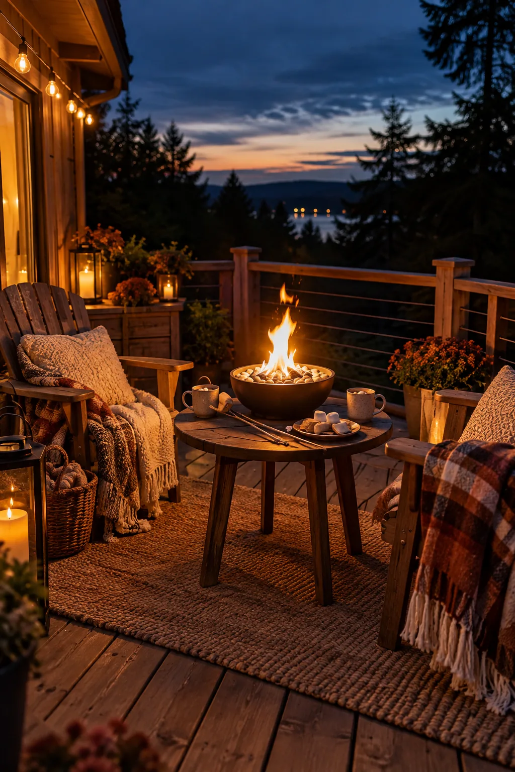 A small concrete tabletop fire bowl burning on an outdoor wooden table.