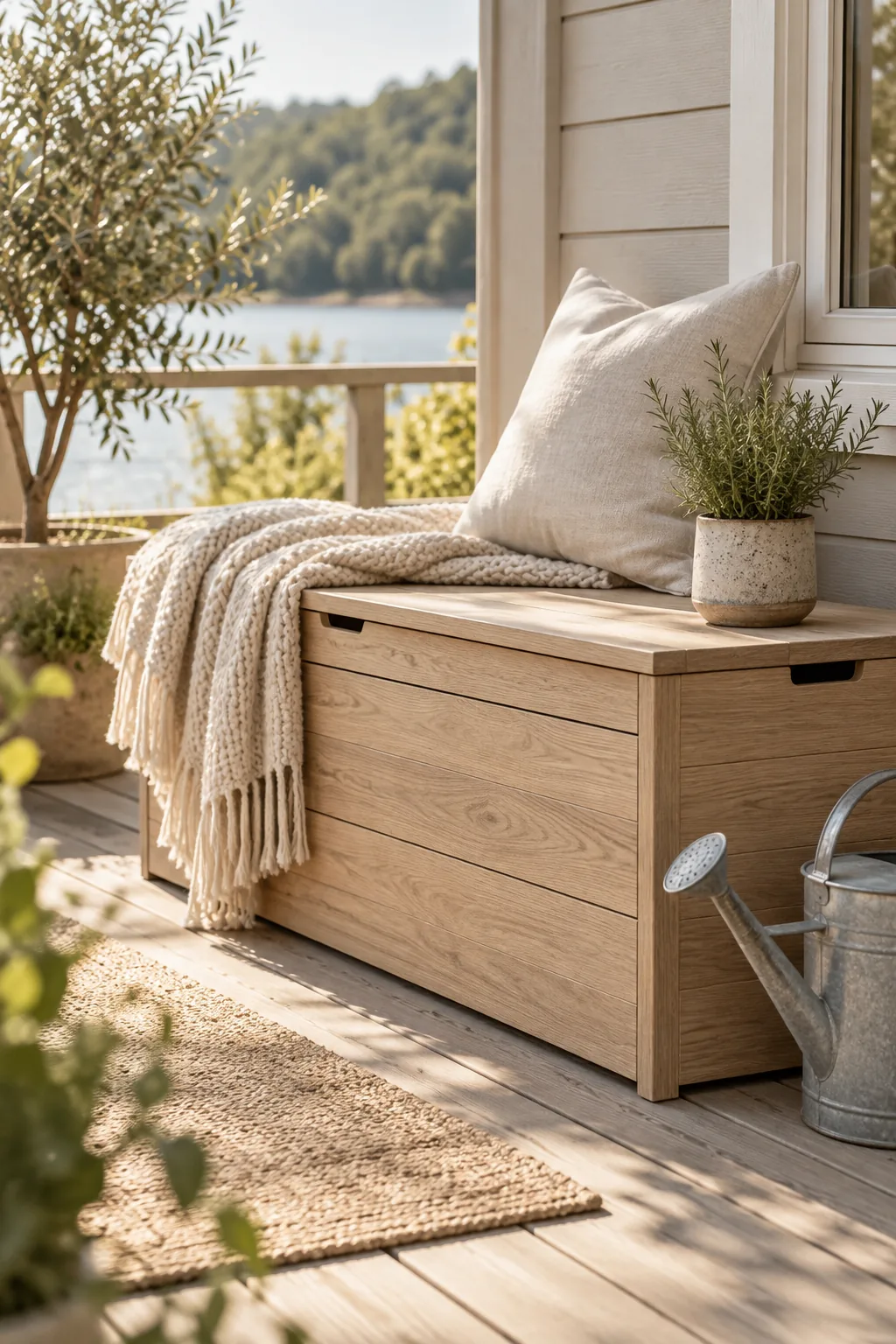 A wooden bench with a hinged seat open to reveal outdoor cushions stored inside.