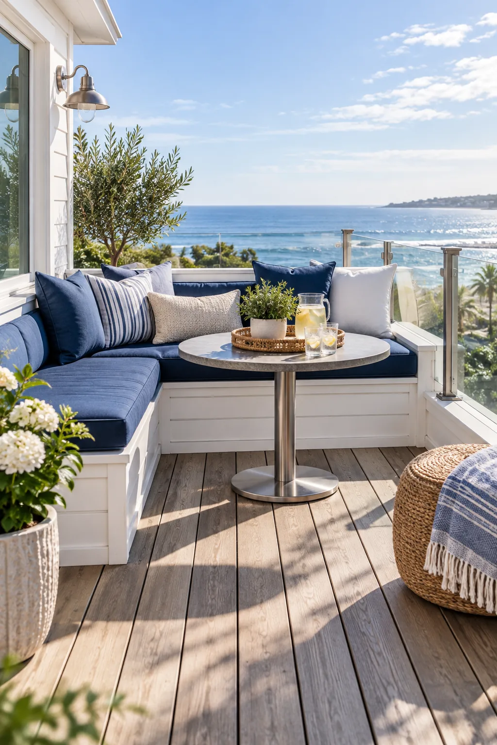A modern coastal deck with white painted wood seating, navy blue cushions, and a glass railing.