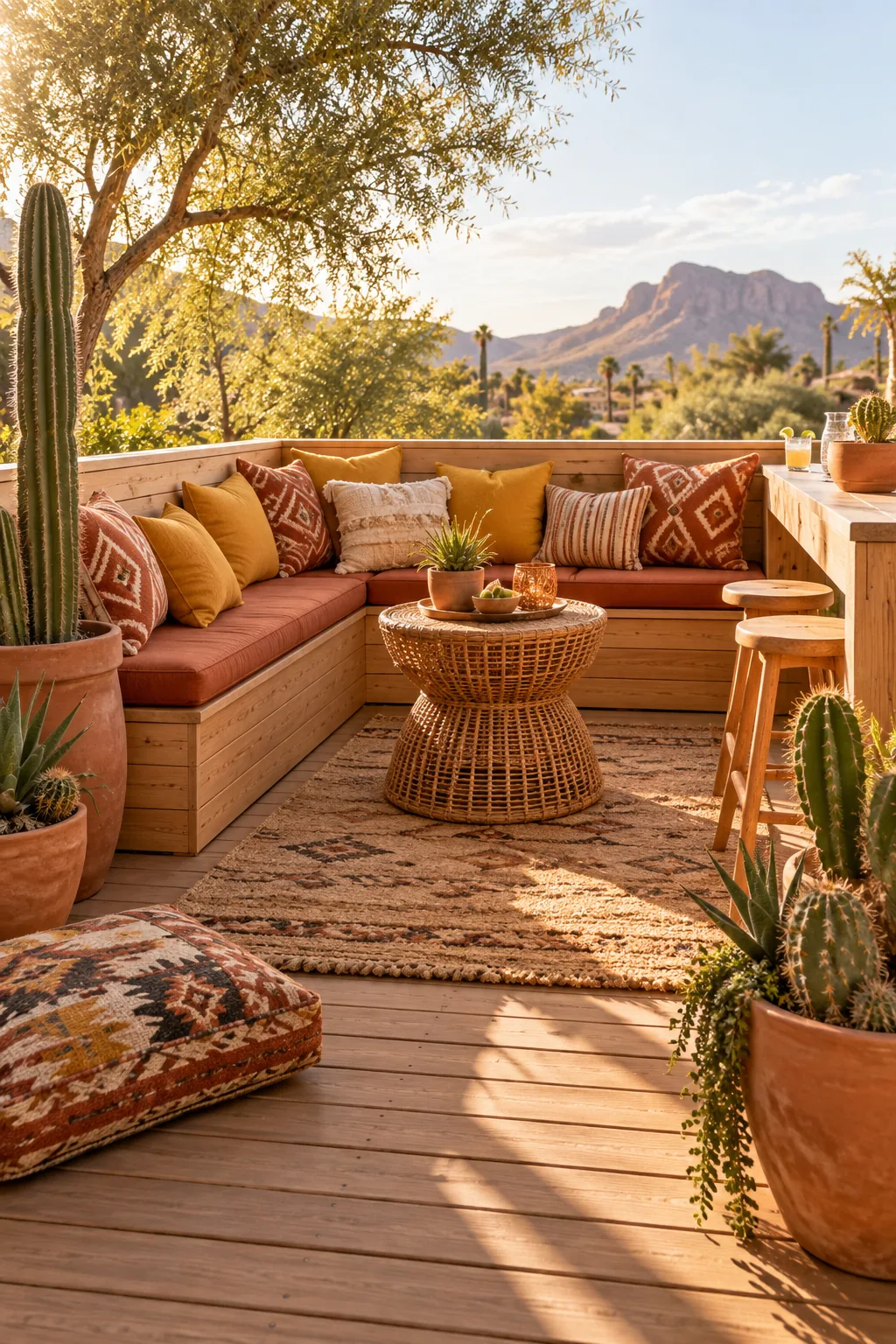 A desert boho deck featuring light cedar wood, mustard cushions, and potted cacti.