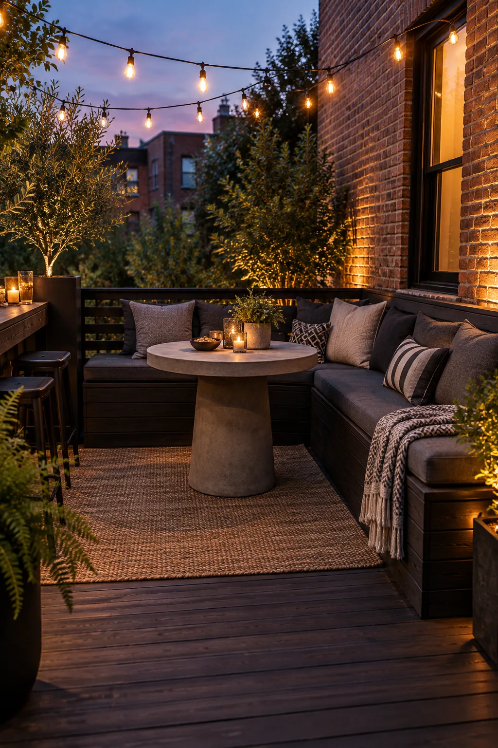 A moody urban deck with black stained wood seating, charcoal cushions, and string lights.