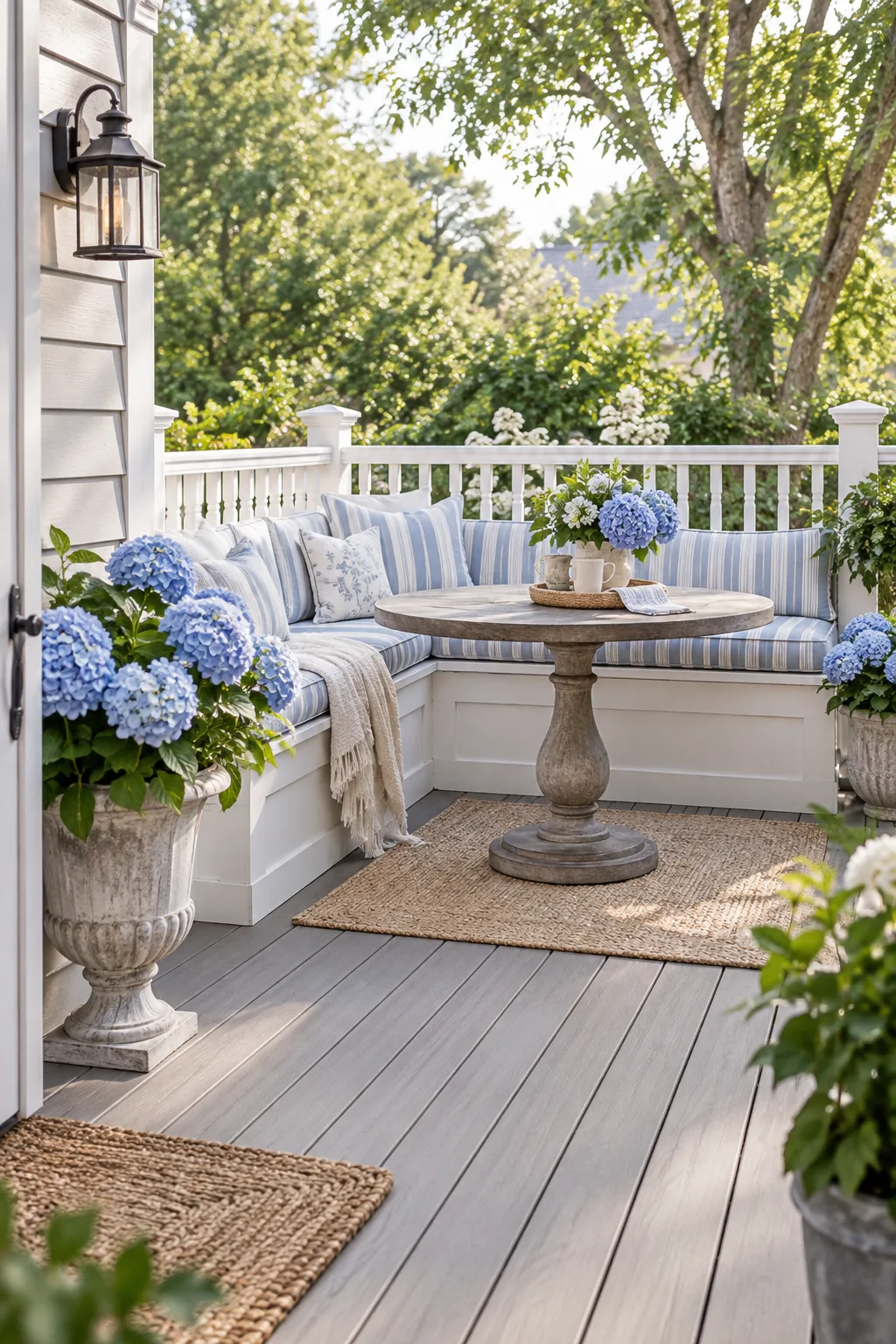 A classic cottage deck with gray decking, blue and white striped cushions, and hydrangeas.