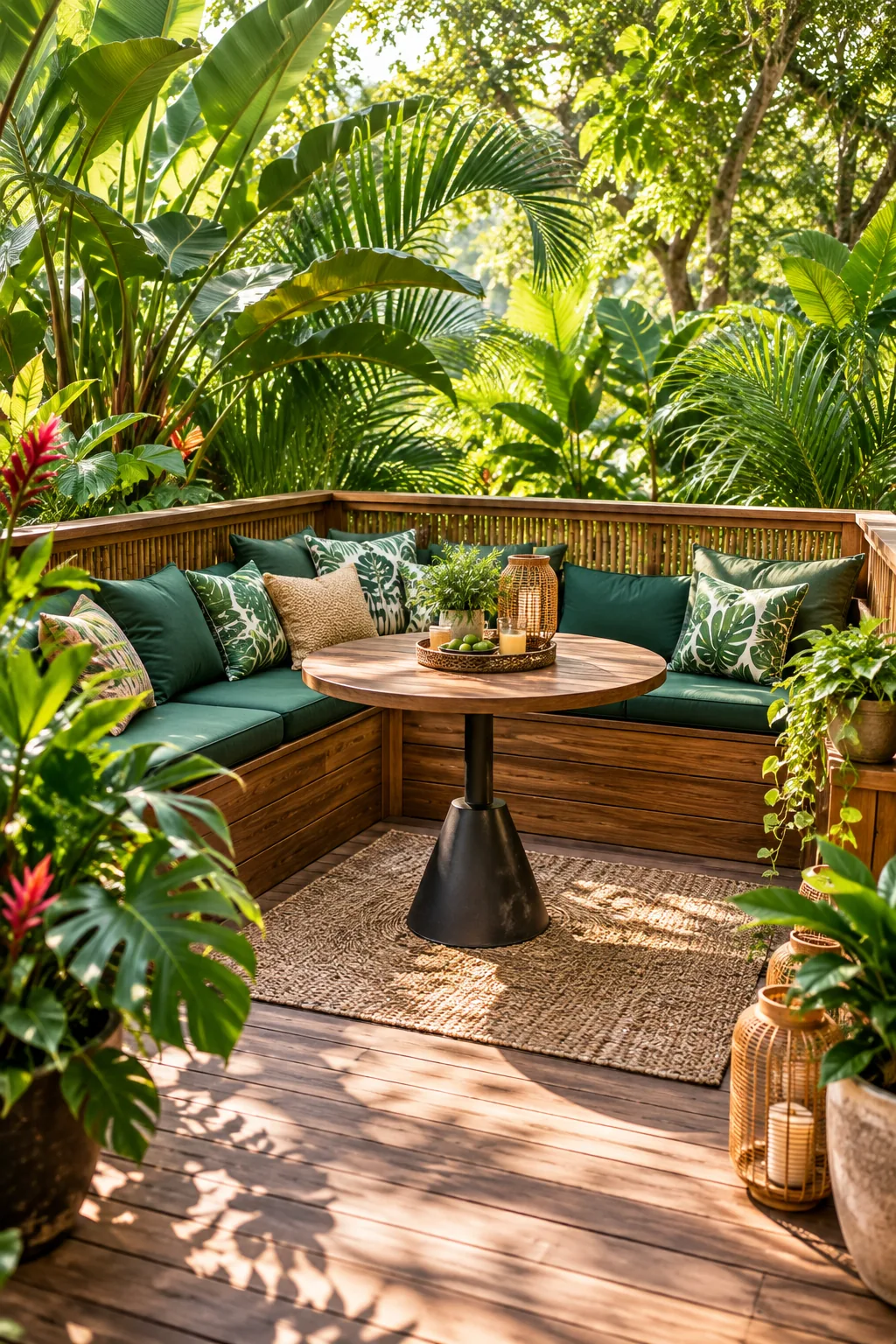 A tropical deck featuring rich teak wood seating, jungle green cushions, and lush foliage.