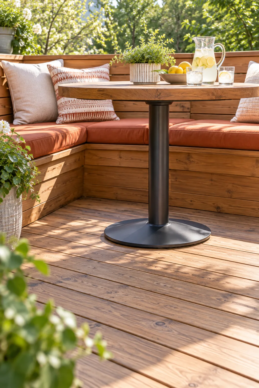 Close-up of a dark metal pedestal table base on a wooden deck, showing open legroom in front of a bench.