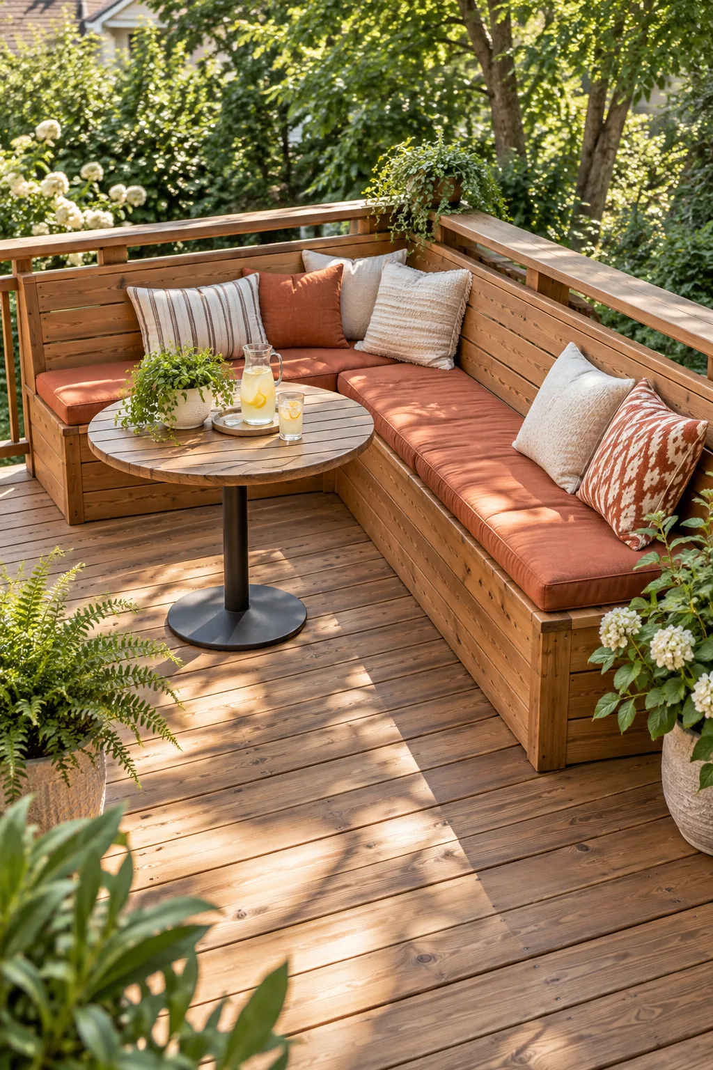 Elevated view of an L-shaped wooden bench filled with terracotta cushions tucked into the corner of a deck.