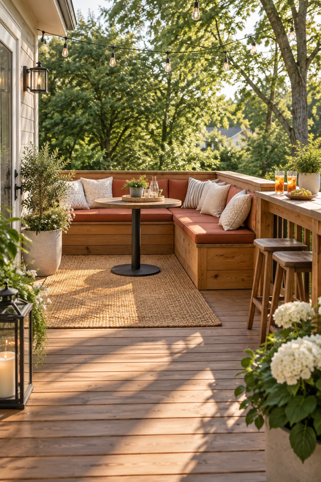 Profile view of a wooden deck bench showing the seat boards angled slightly backward for comfort.