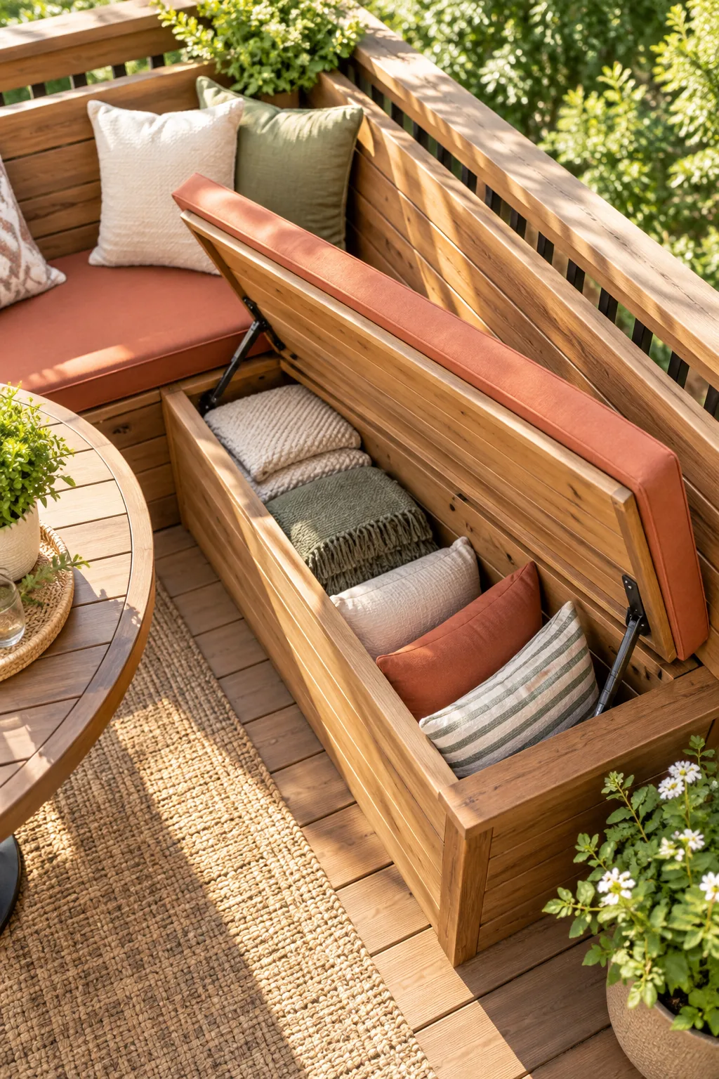 A wooden bench seat propped open on hinges to reveal folded blankets stored inside the frame.