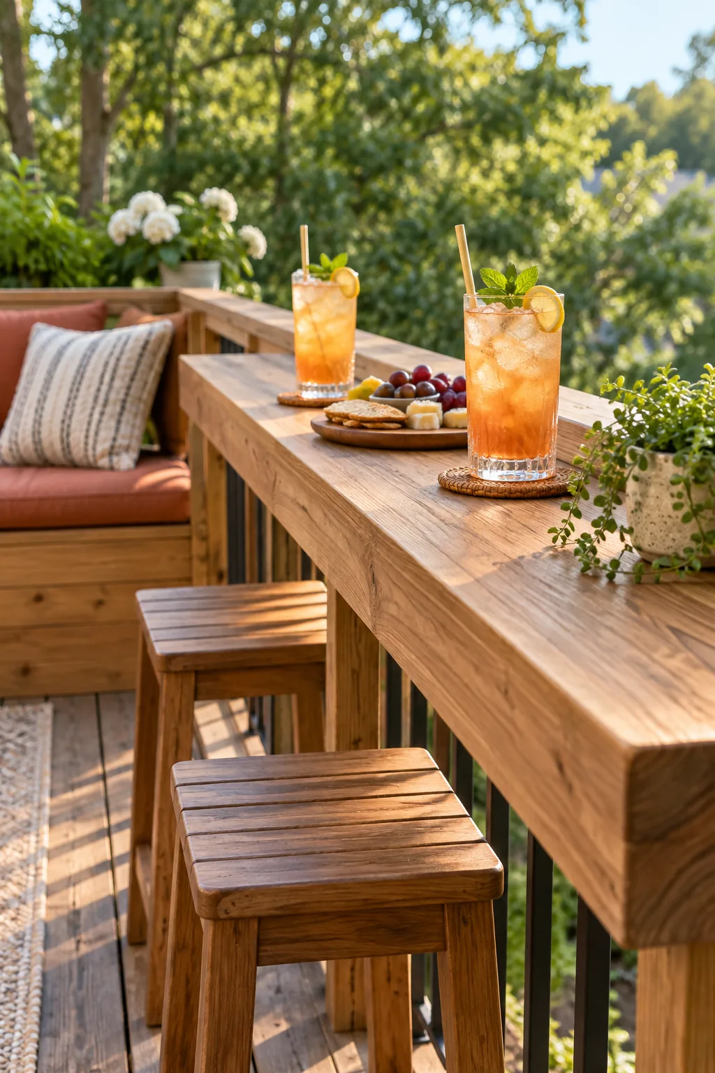 A wide wooden railing cap styled as a bar ledge with iced drinks and appetizers.